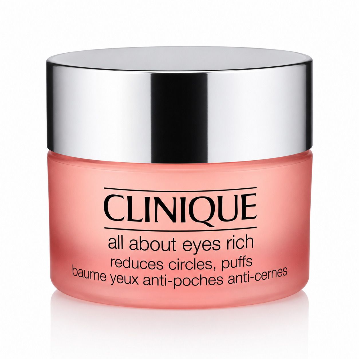 Crème contour des yeux Clinique All About Eyes Rich dans un pot en verre rose avec un couvercle argenté.