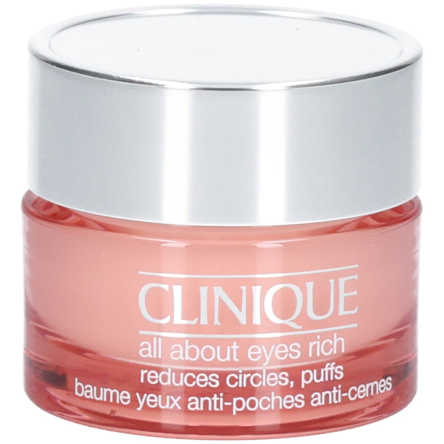 Crème contour des yeux Clinique All About Eyes Rich dans un pot en verre rose avec un couvercle argenté.
