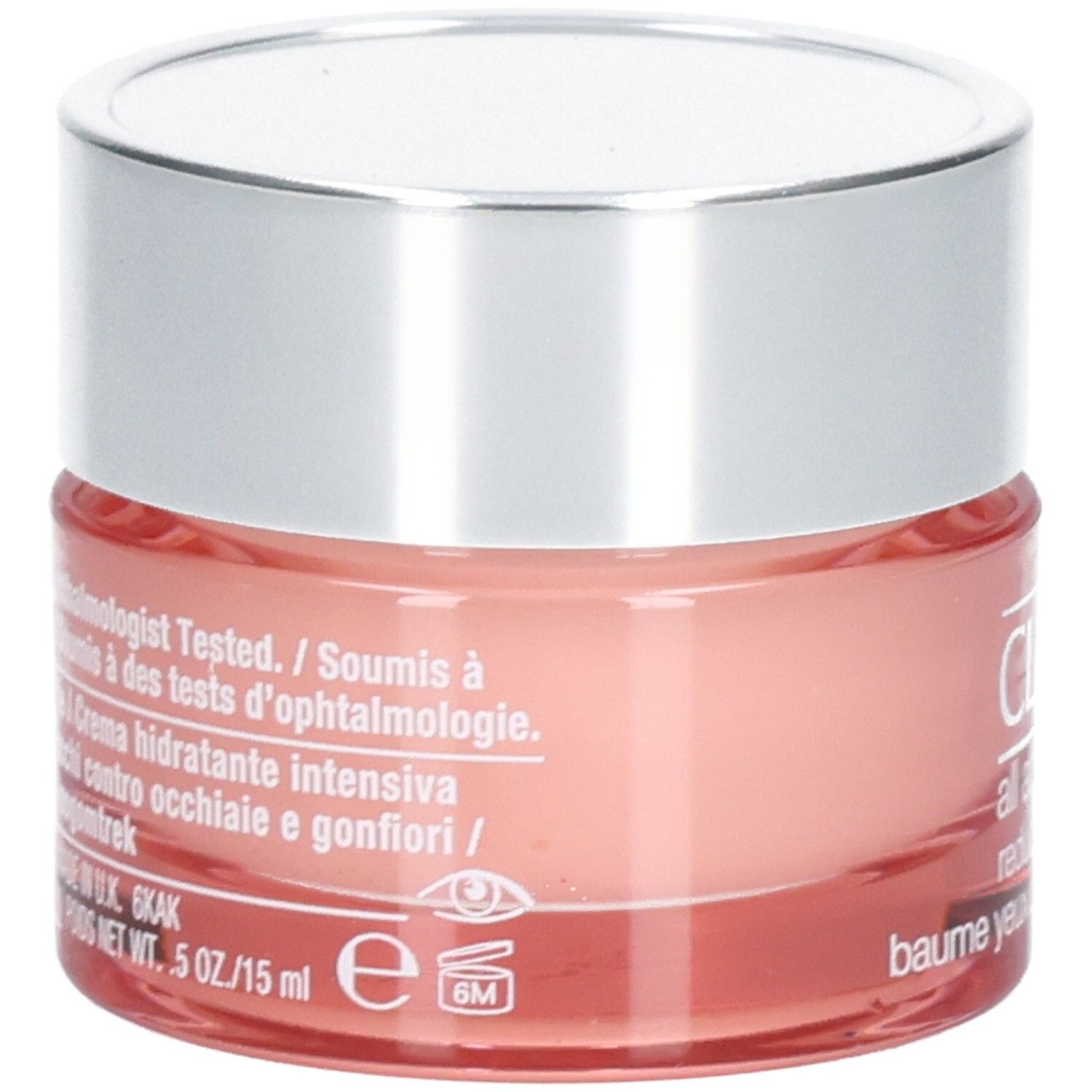 Arrière du pot de crème contour des yeux Clinique All About Eyes Rich, avec texte et symbole d'œil.