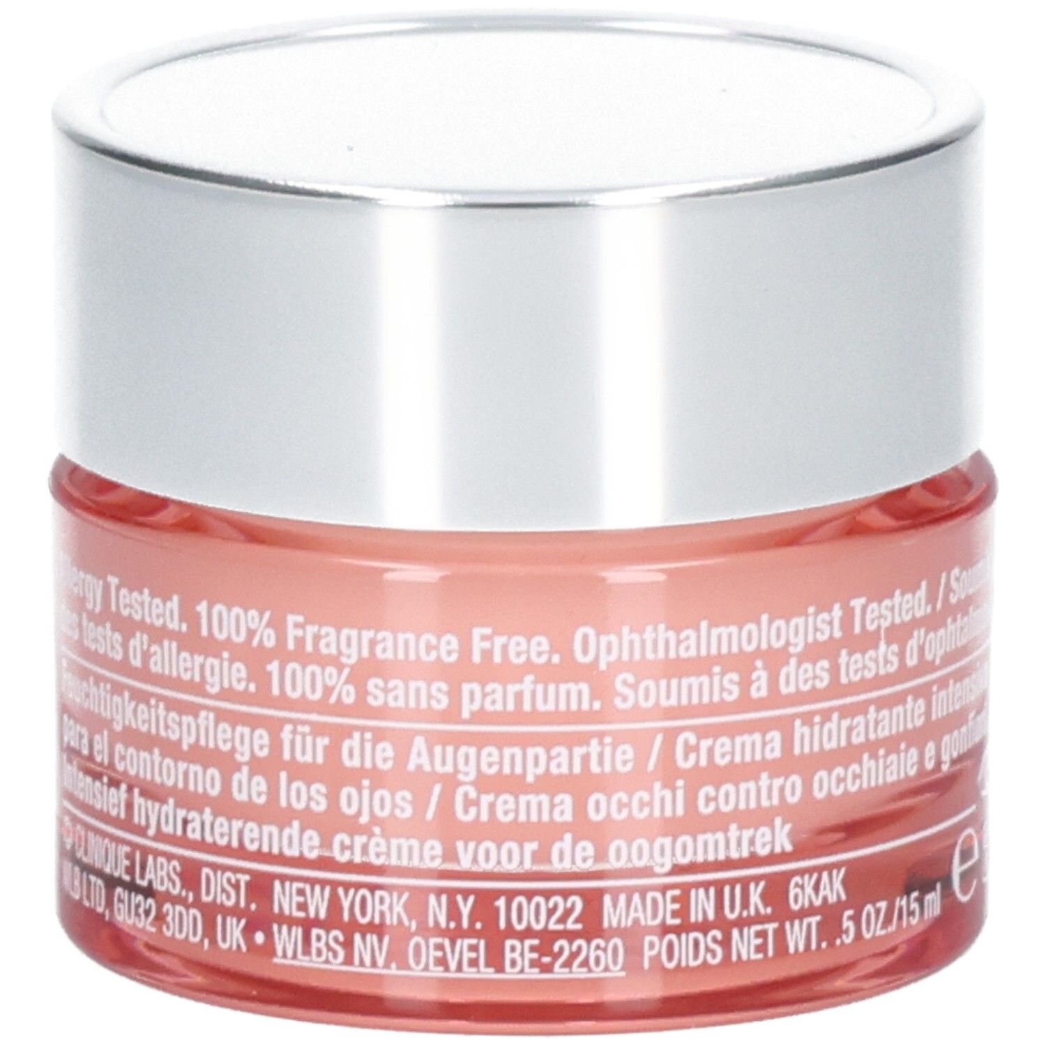 Côté du pot de crème contour des yeux Clinique All About Eyes Rich avec informations détaillées sur le produit.