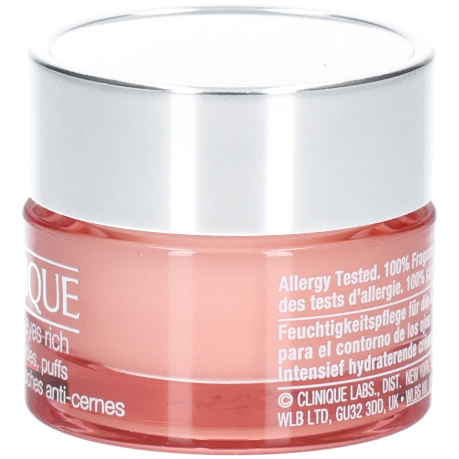 Vue latérale de la crème contour des yeux Clinique All About Eyes Rich avec texte sur les ingrédients et l'usage.