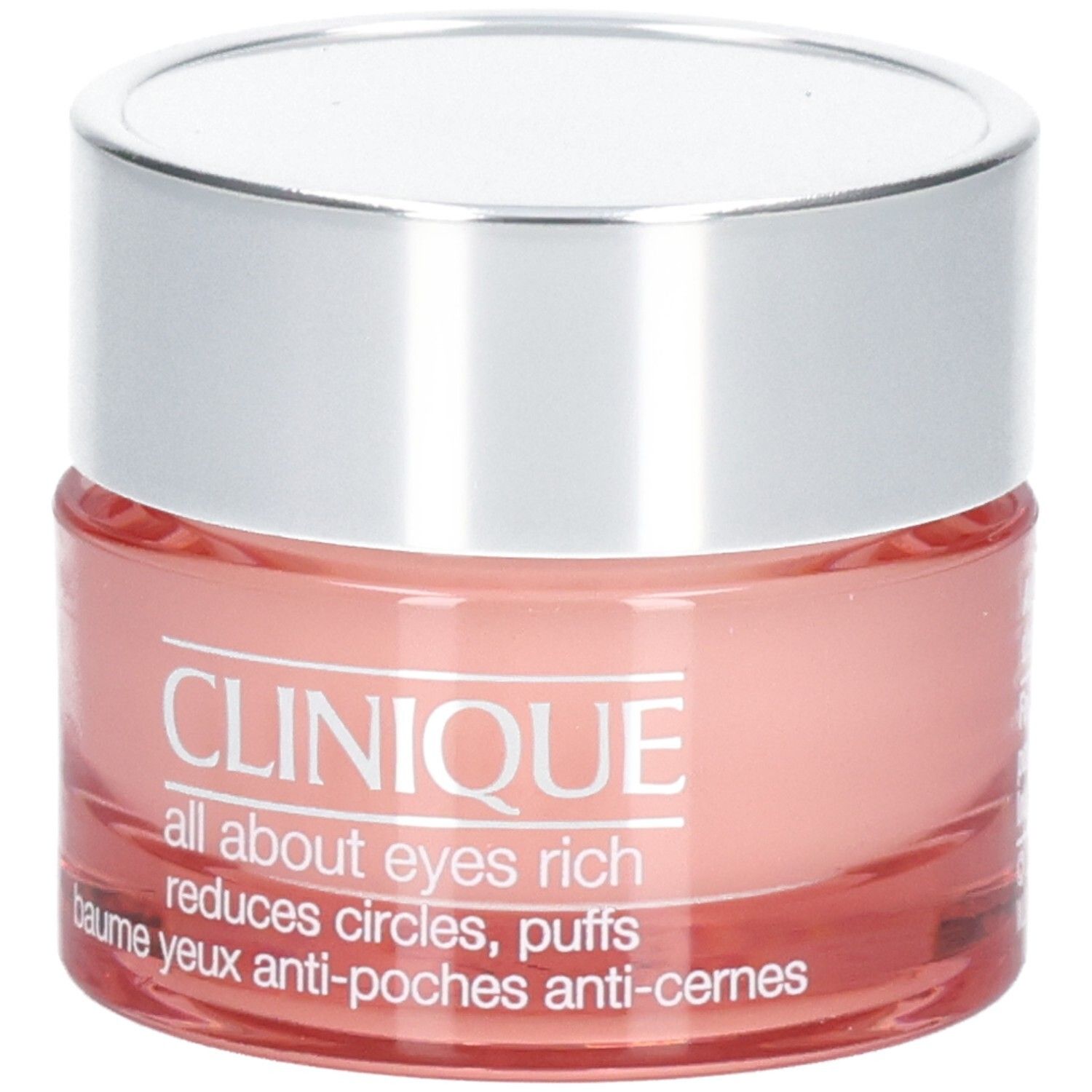 Crème contour des yeux Clinique All About Eyes Rich dans un pot en verre rose avec un couvercle argenté.