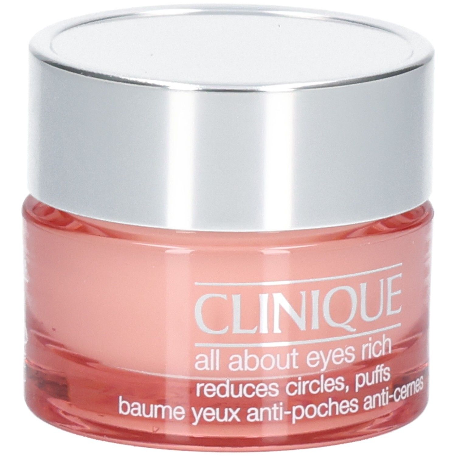 Crème contour des yeux Clinique All About Eyes Rich dans un pot en verre rose avec un couvercle argenté.