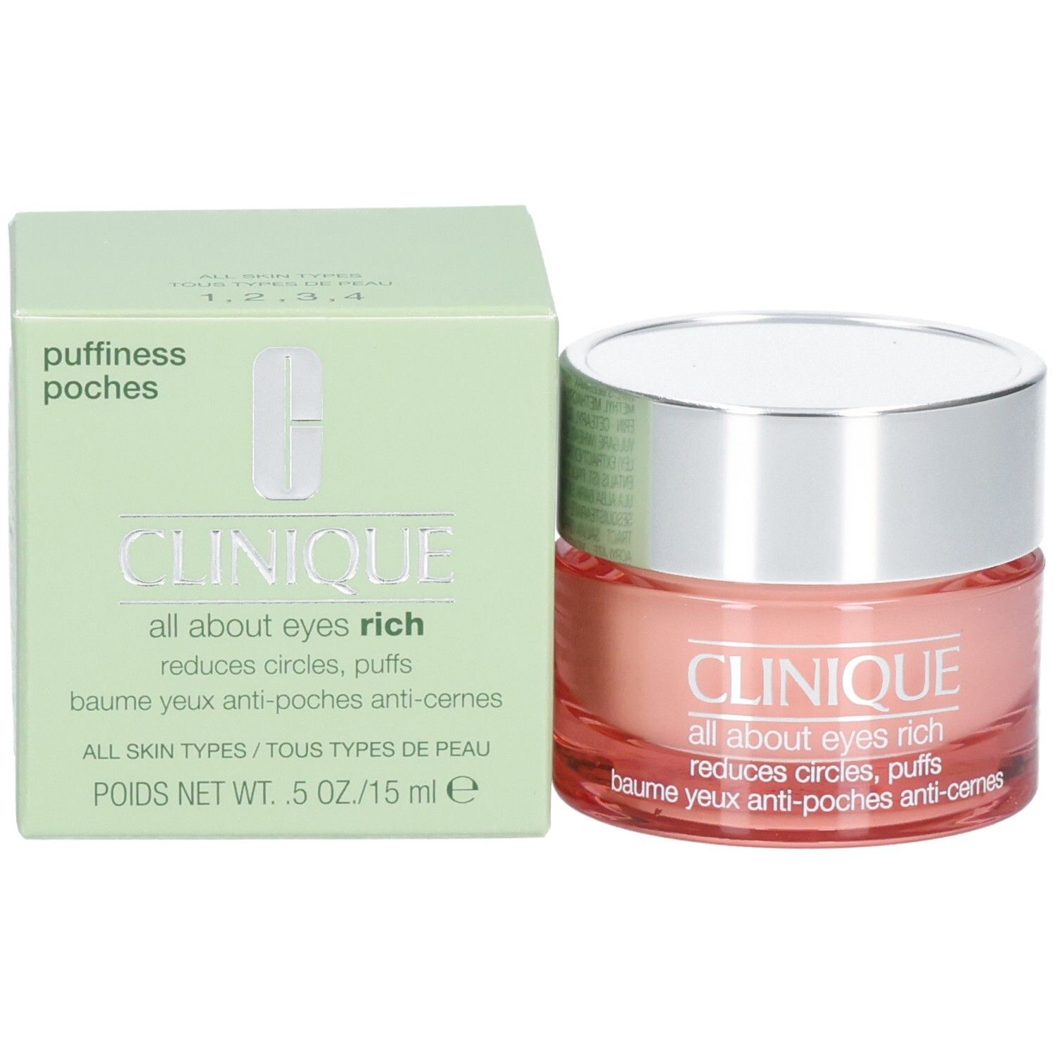 Crème contour des yeux Clinique All About Eyes Rich et sa boîte d'emballage verte, avec informations produit.