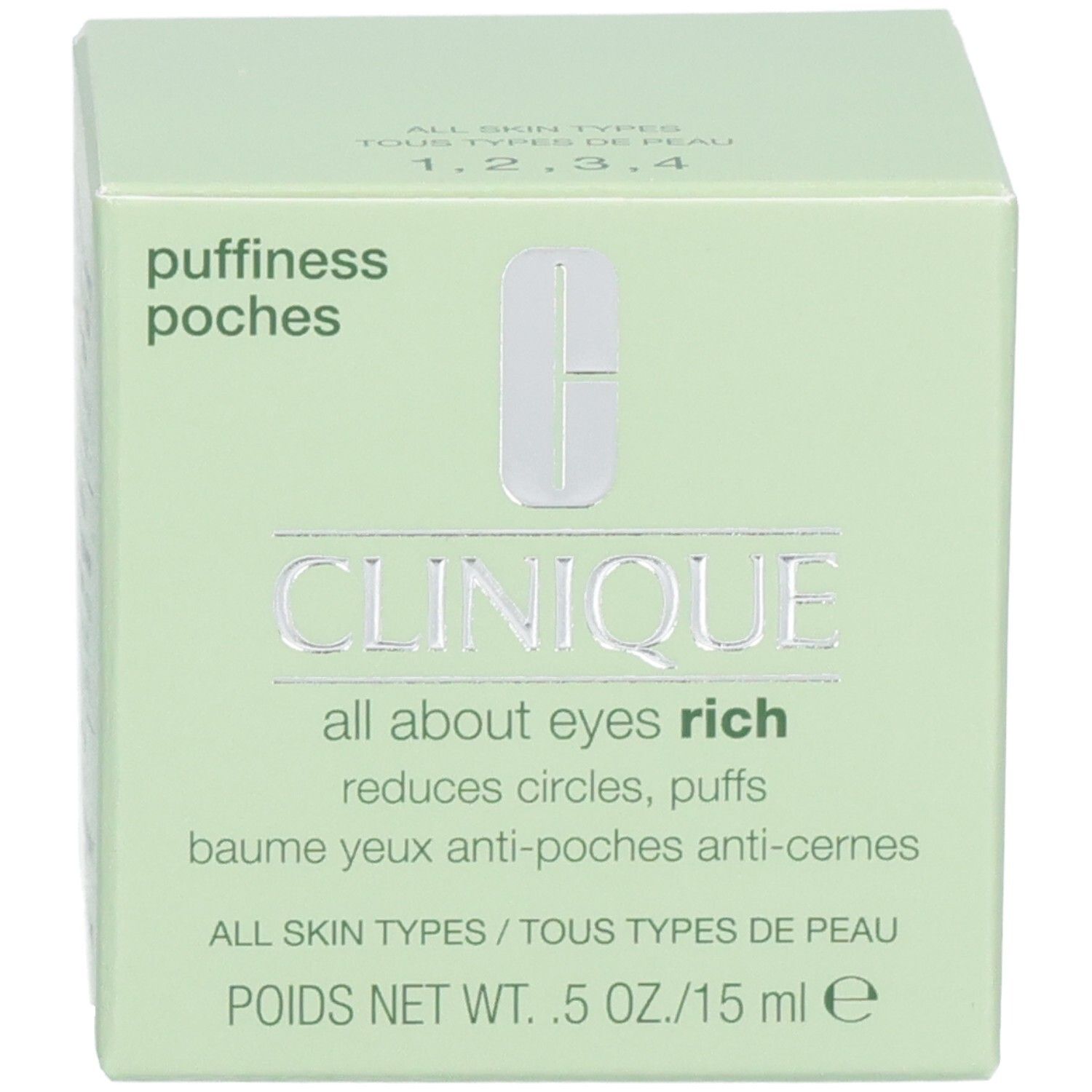 Boîte d'emballage verte pour la crème contour des yeux Clinique All About Eyes Rich, avec nom et poids.