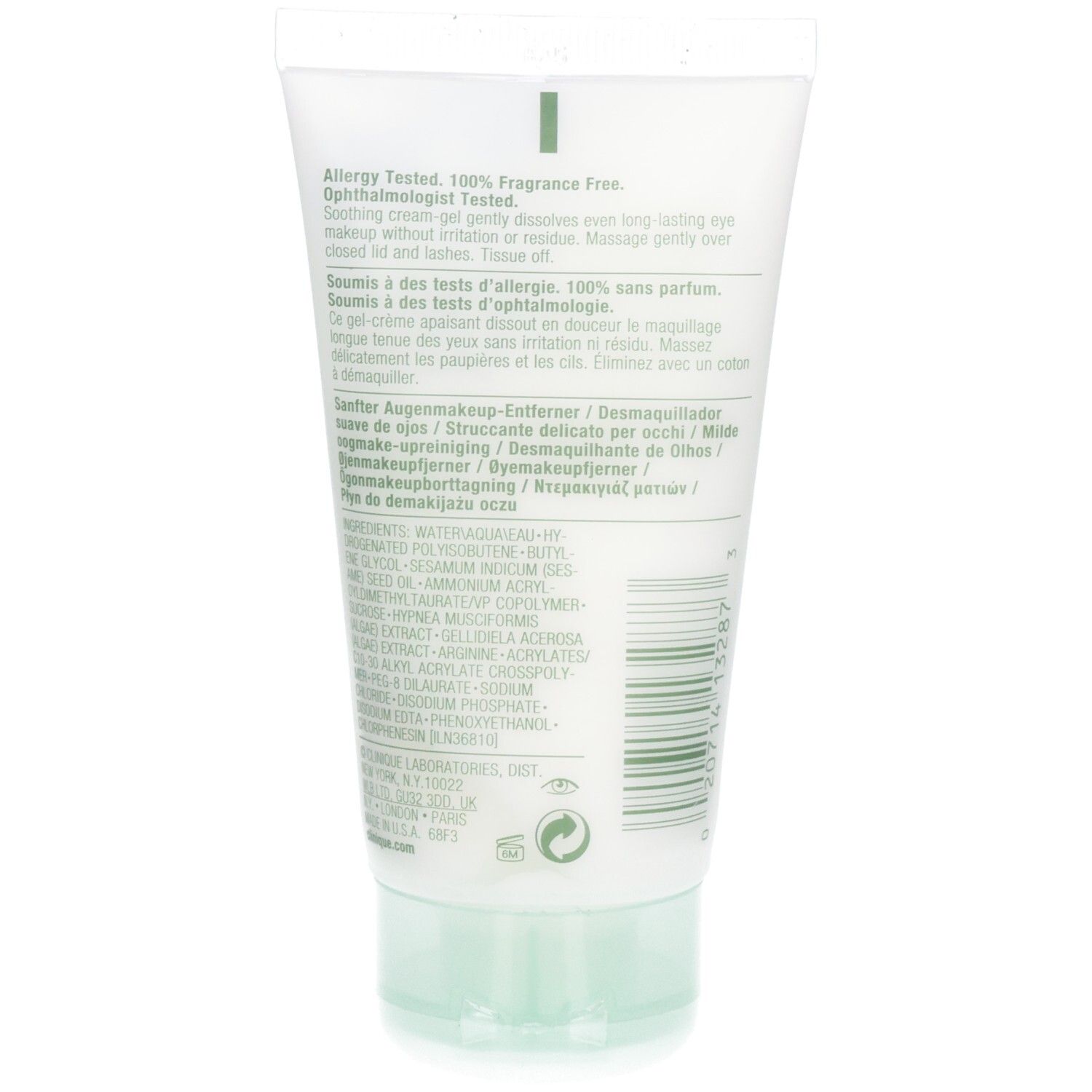 Dos du tube Clinique Naturally Gentle Eye Makeup Remover avec ingrédients et certifications.