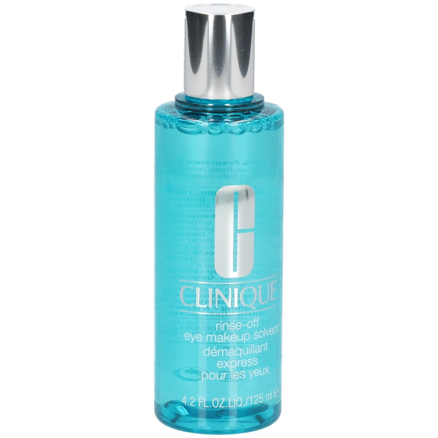 Démaquillant pour les yeux Clinique, 125 ml, liquide bleu dans une bouteille transparente avec un bouchon argenté.