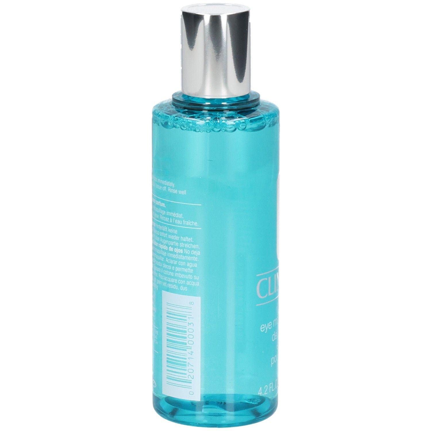 Arrière du démaquillant pour les yeux Clinique, 125 ml, avec code-barres et informations produit.