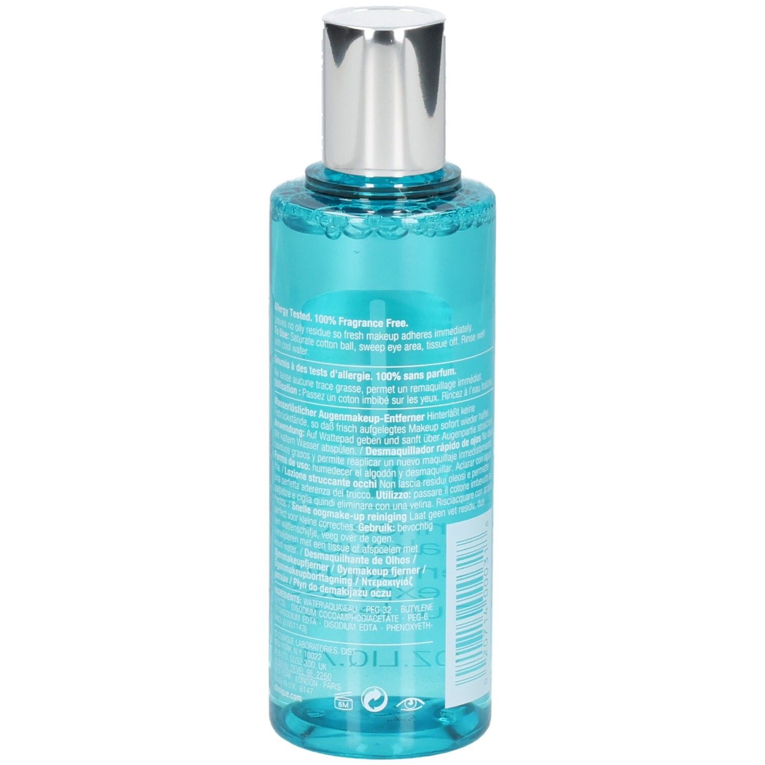Vue latérale du démaquillant pour les yeux Clinique, 125 ml, avec instructions d'utilisation détaillées.