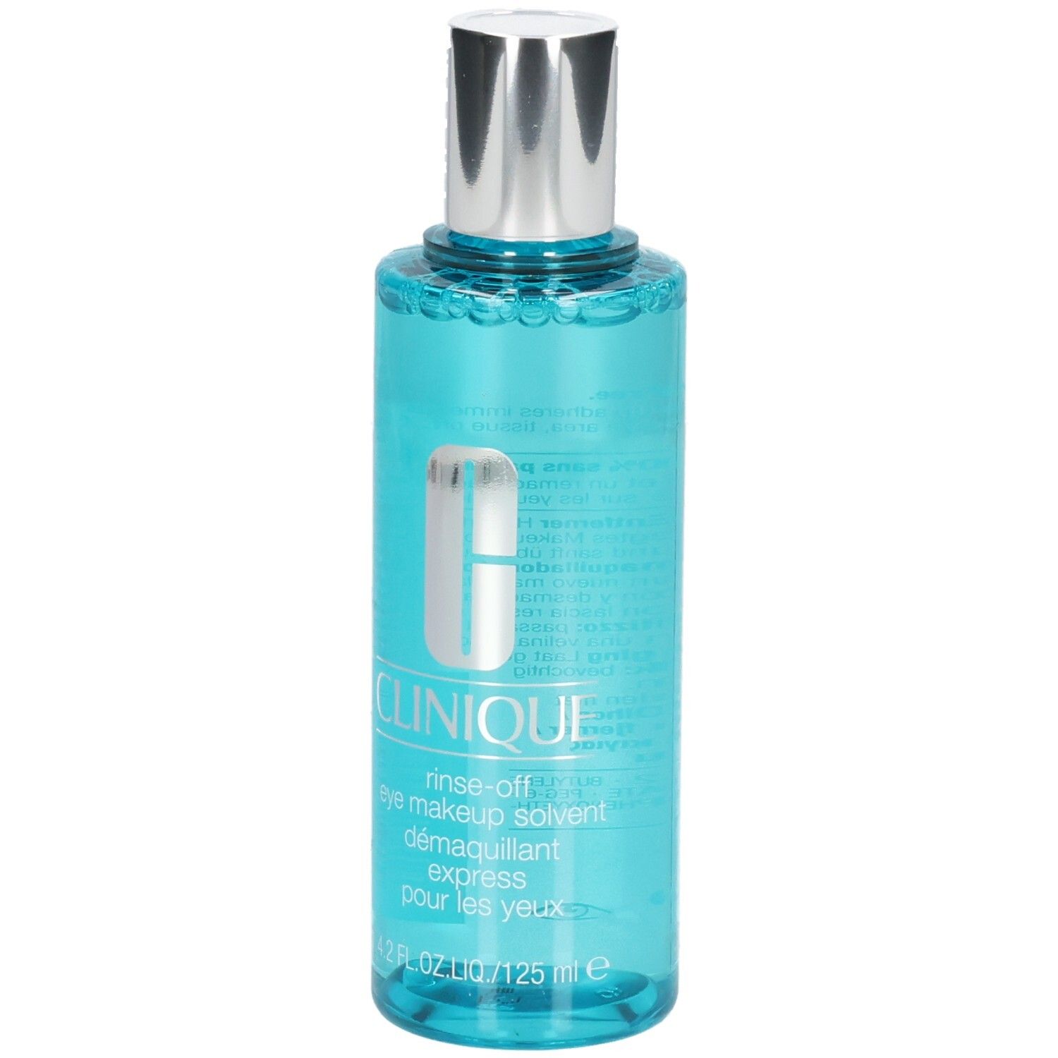 Démaquillant pour les yeux Clinique, 125 ml, liquide bleu dans une bouteille transparente avec un bouchon argenté.