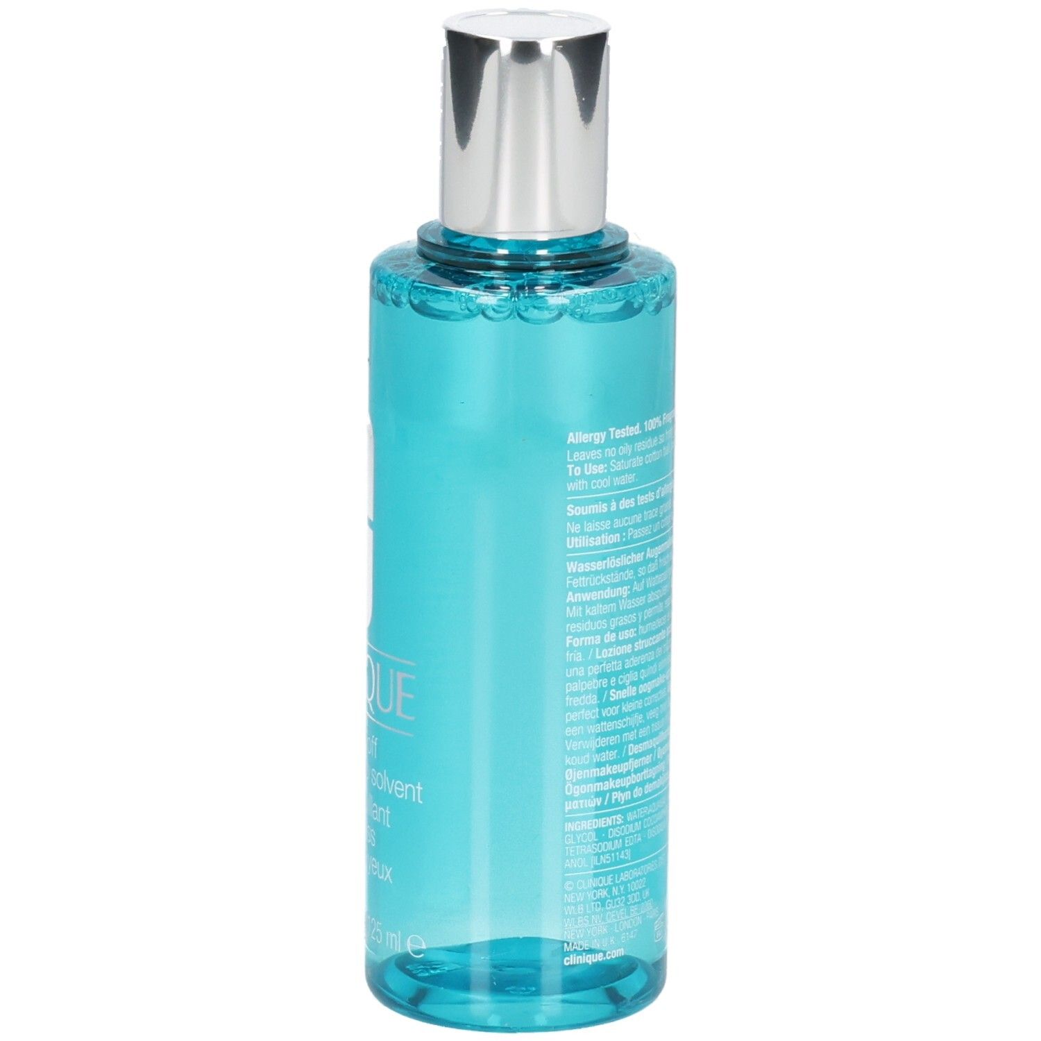 Vue latérale du démaquillant pour les yeux Clinique, 125 ml, avec instructions d'utilisation détaillées.