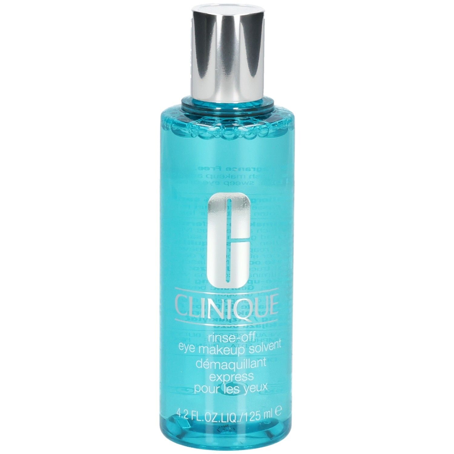 Démaquillant pour les yeux Clinique, 125 ml, liquide bleu dans une bouteille transparente avec un bouchon argenté.