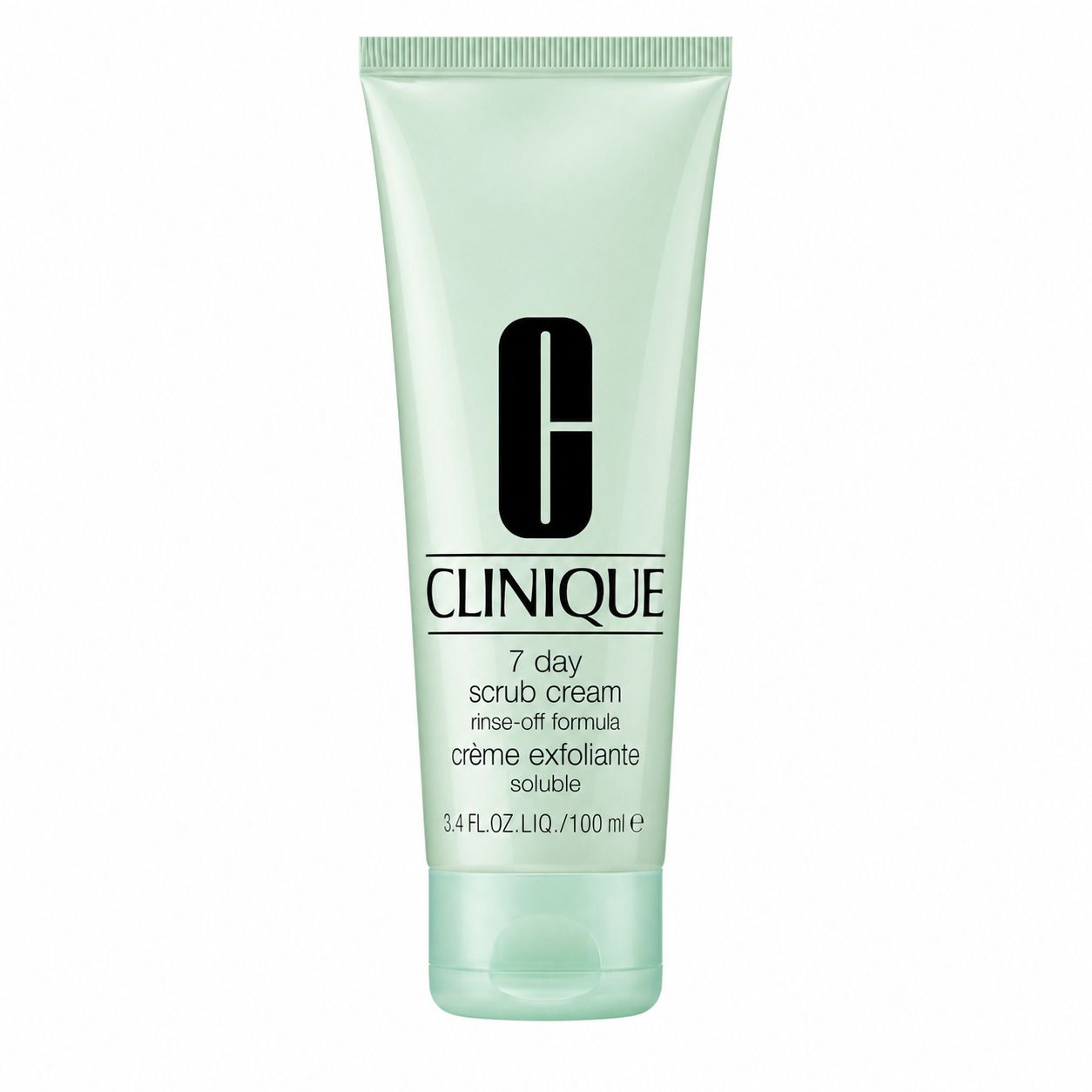 Tube vert clair avec logo Clinique noir et nom du produit. Texte: 7 day scrub cream, crème exfoliante soluble. 3.4 fl.oz./100 ml.
