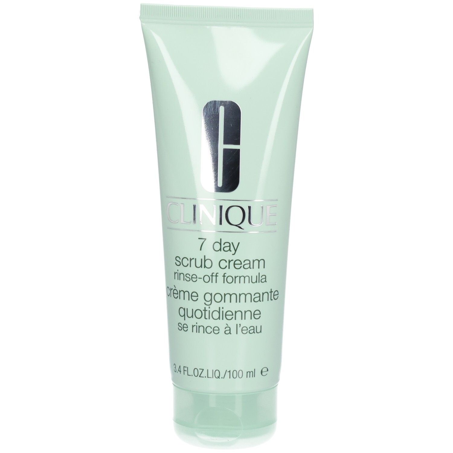 Tube vert clair avec logo Clinique noir et nom du produit. Texte: 7 day scrub cream, crème gommante quotidienne. 3.4 fl.oz./100 ml.