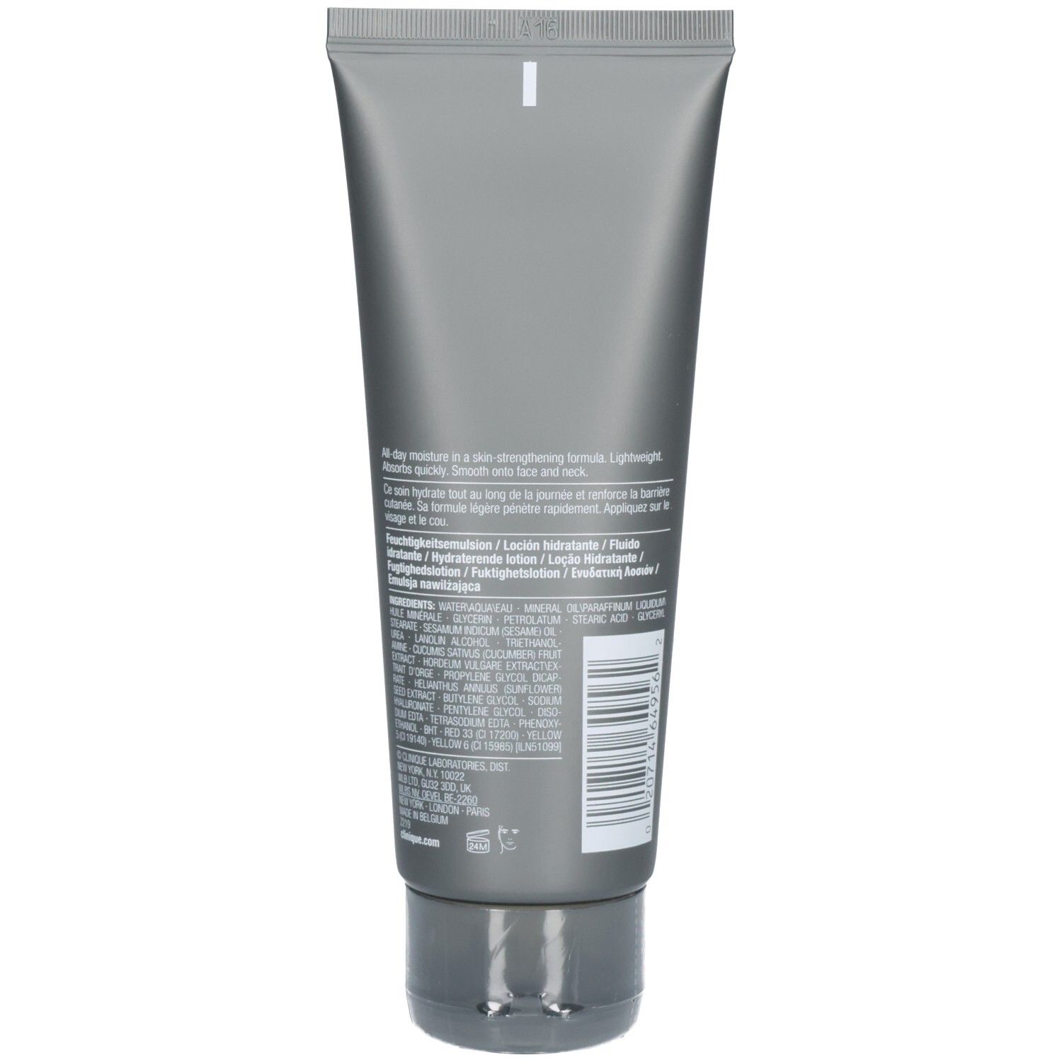 Arrière d'un tube gris de lotion hydratante Clinique For Men avec informations sur le produit et code-barres.