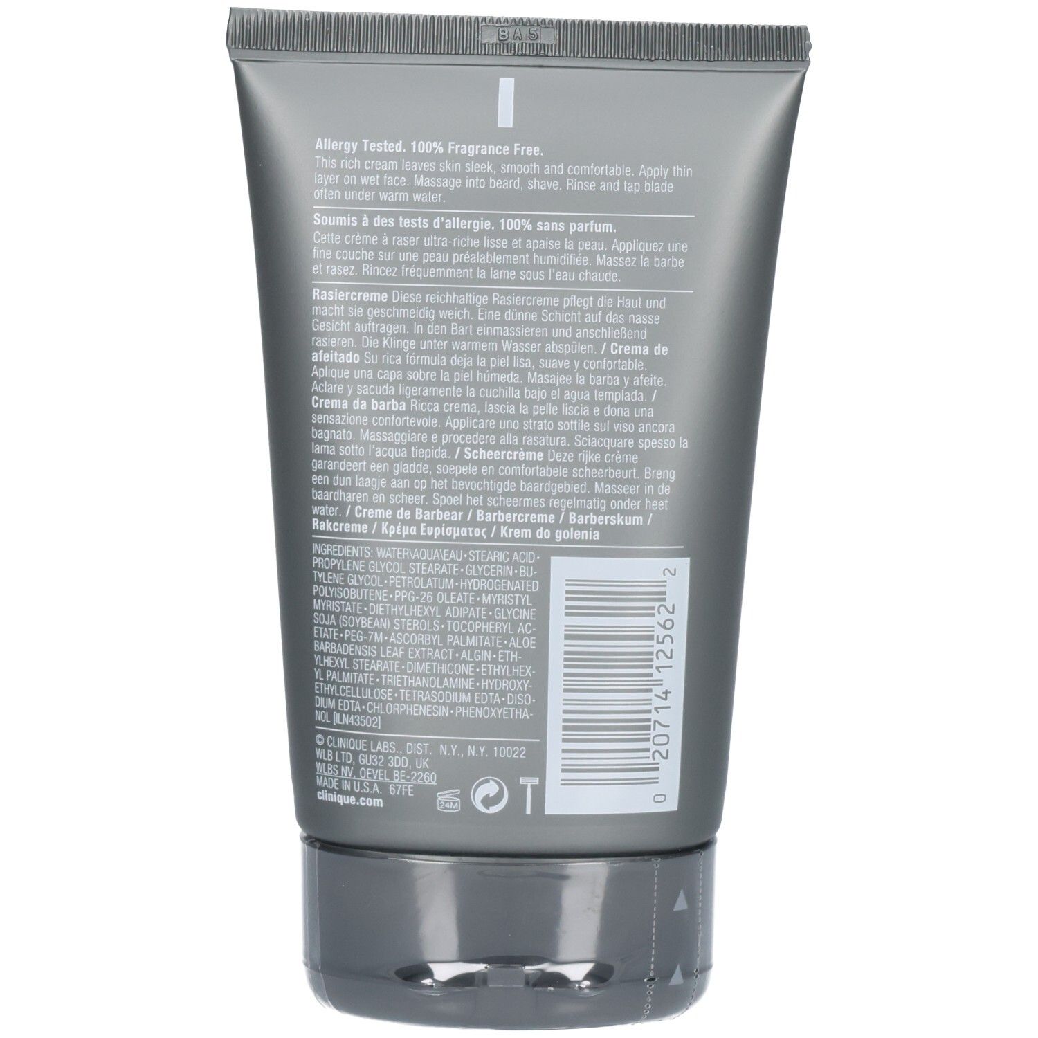 Arrière d'un tube de crème à raser Clinique For Men avec ingrédients et instructions.