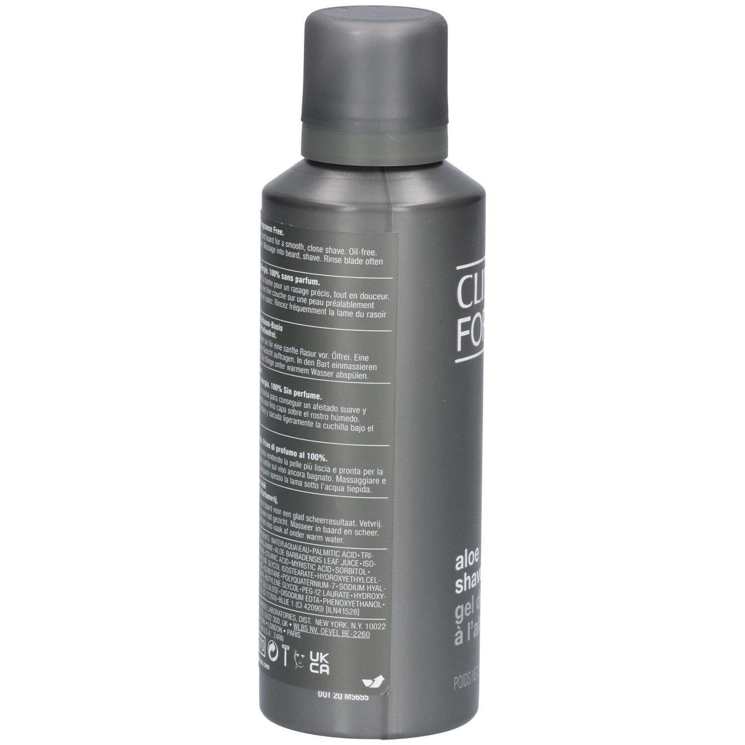 Flacon de gel de rasage Clinique For Men à l'aloe, dos avec texte.