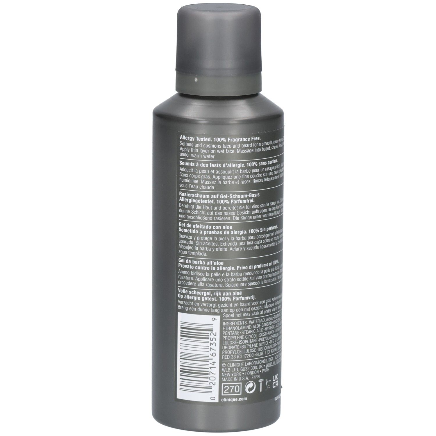 Flacon de gel de rasage Clinique For Men à l'aloe, dos avec texte et code-barres.