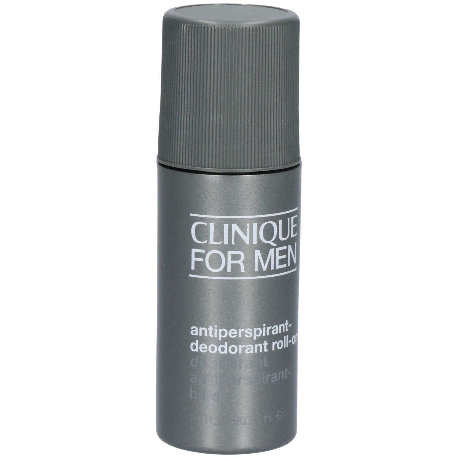 Clinique For Men Antiperspirant-Deodorant Roll-on dans un flacon gris avec bouchon à visser.