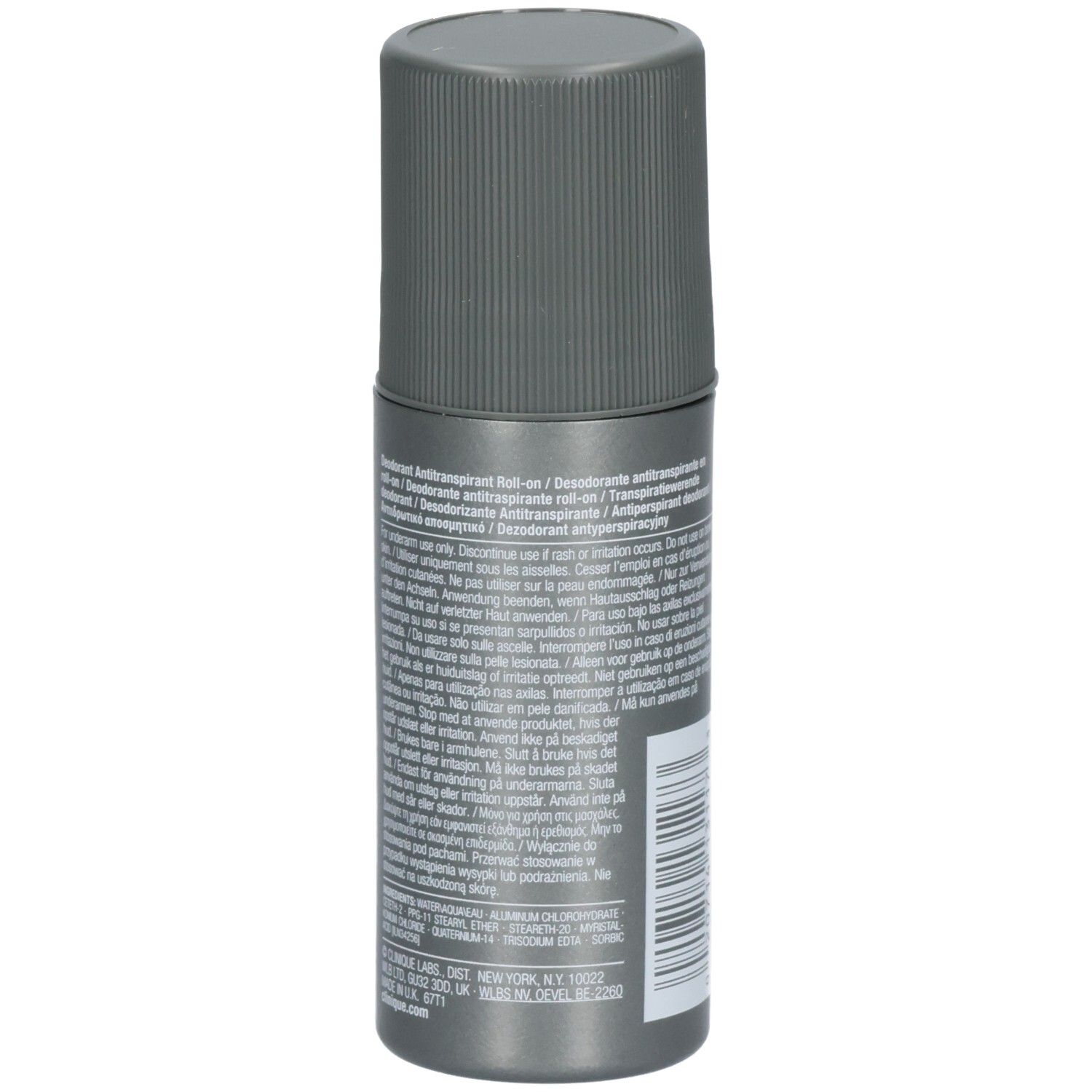 Vue latérale du Clinique For Men Antiperspirant-Deodorant Roll-on avec instructions d'utilisation détaillées.