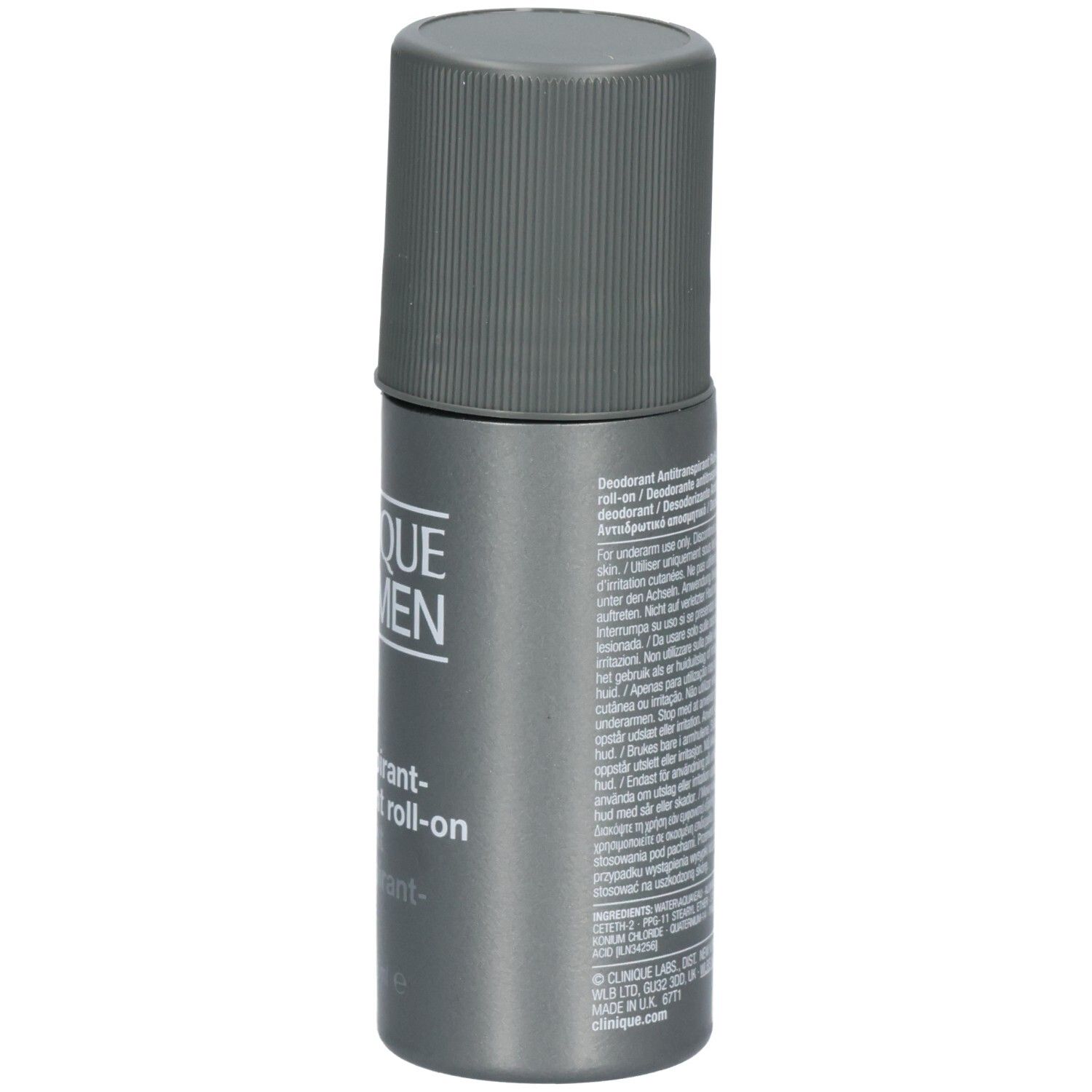 Vue latérale du Clinique For Men Antiperspirant-Deodorant Roll-on, montrant l'étiquette et la forme du flacon.