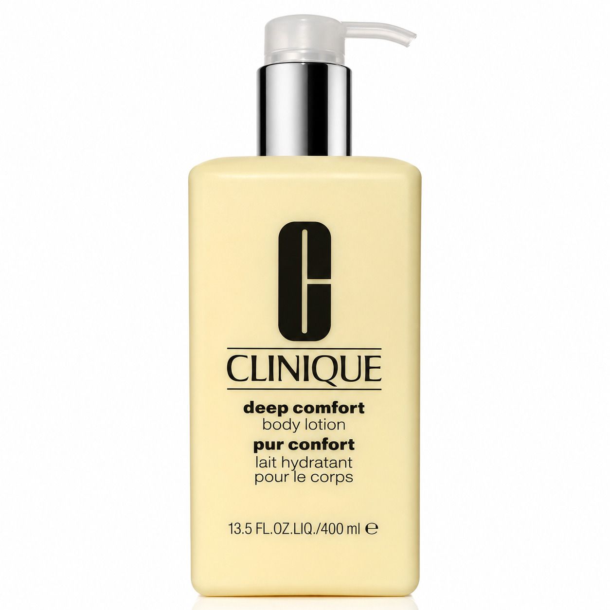 Flacon beige rectangulaire avec pompe. Inscription: Clinique, deep comfort body lotion pur confort, lait hydratant pour le corps. 13.5 FL.OZ.LIQ./400 ml e.