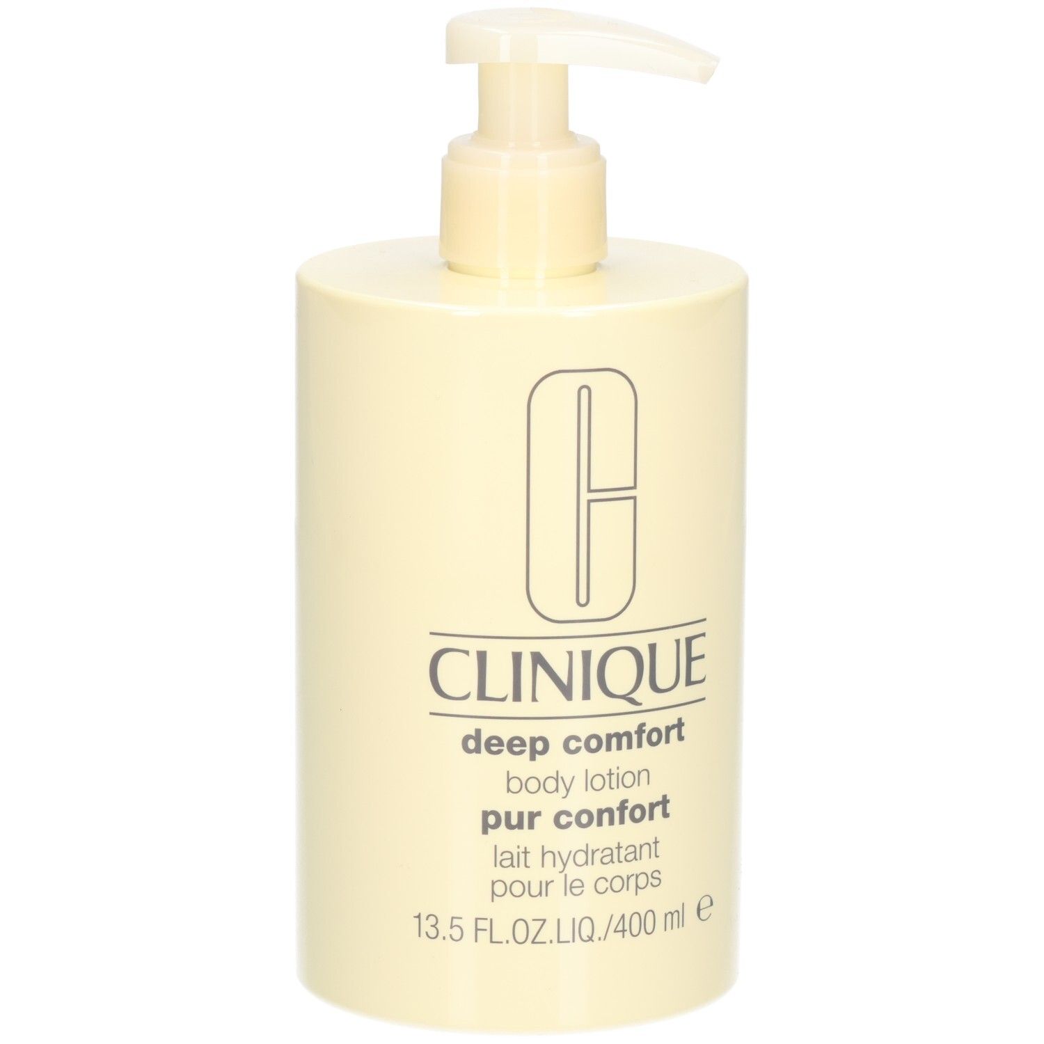 Flacon beige avec pompe. Inscription: Clinique, deep comfort body lotion pur confort, lait hydratant pour le corps. 13.5 FL.OZ.LIQ./400 ml e.