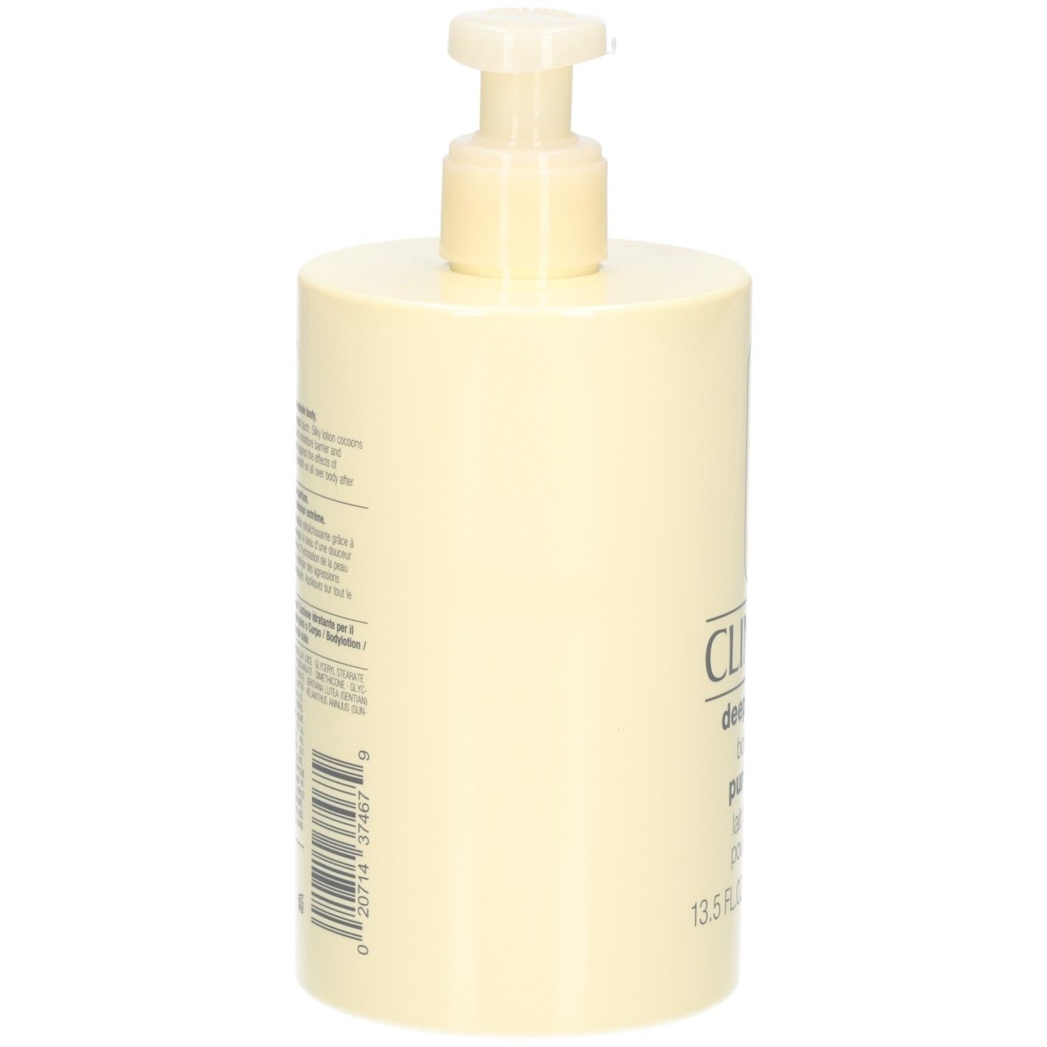 Flacon beige avec pompe. Verso avec texte. Inscription: Clinique, deep comfort body lotion pur confort, lait hydratant pour le corps.