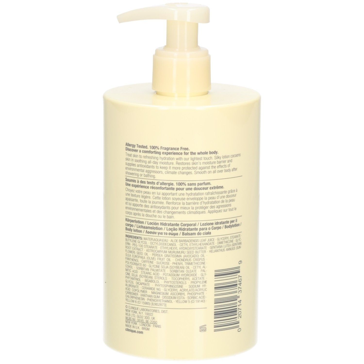 Flacon beige avec pompe. Verso avec texte. Inscription: Clinique, deep comfort body lotion pur confort, lait hydratant pour le corps.