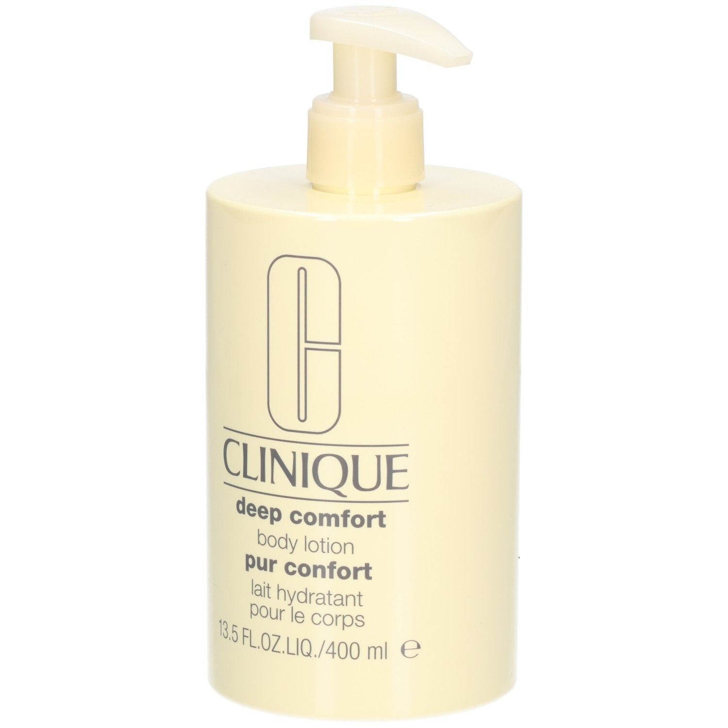 Flacon beige avec pompe. Inscription: Clinique, deep comfort body lotion pur confort, lait hydratant pour le corps. 13.5 FL.OZ.LIQ./400 ml e.
