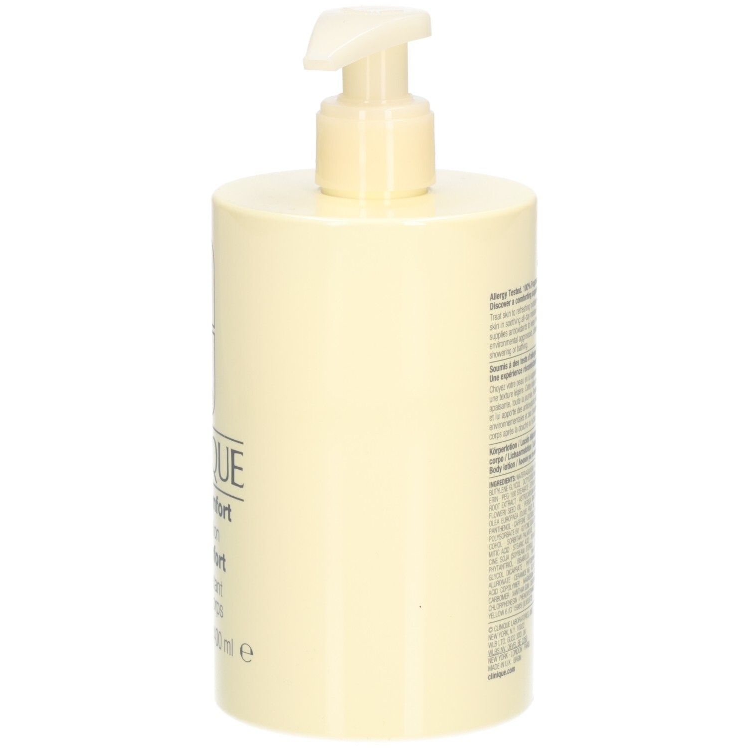 Flacon beige avec pompe. Inscription: Clinique, deep comfort body lotion pur confort, lait hydratant pour le corps. 13.5 FL.OZ.LIQ./400 ml e.