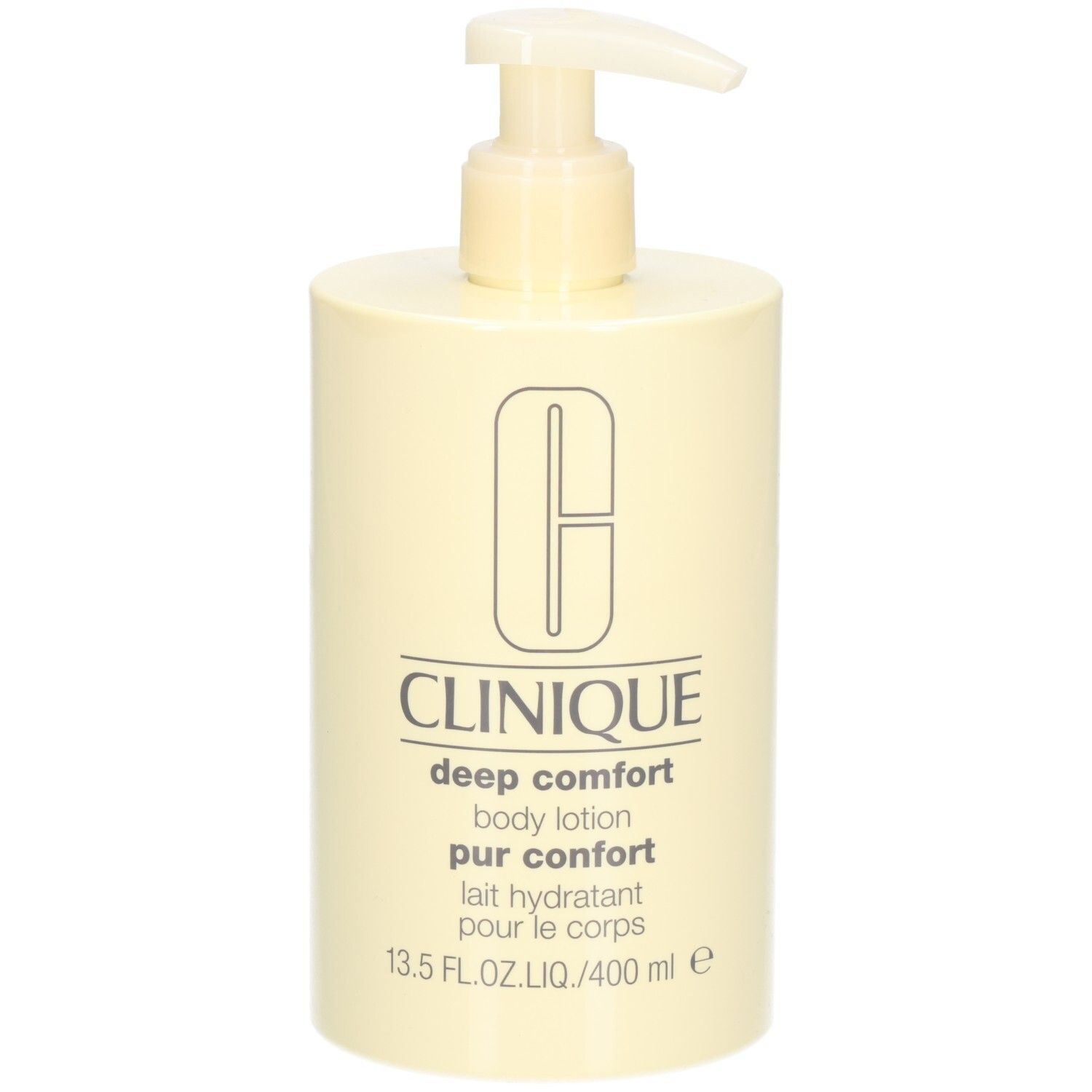 Flacon beige avec pompe. Inscription: Clinique, deep comfort body lotion pur confort, lait hydratant pour le corps. 13.5 FL.OZ.LIQ./400 ml e.