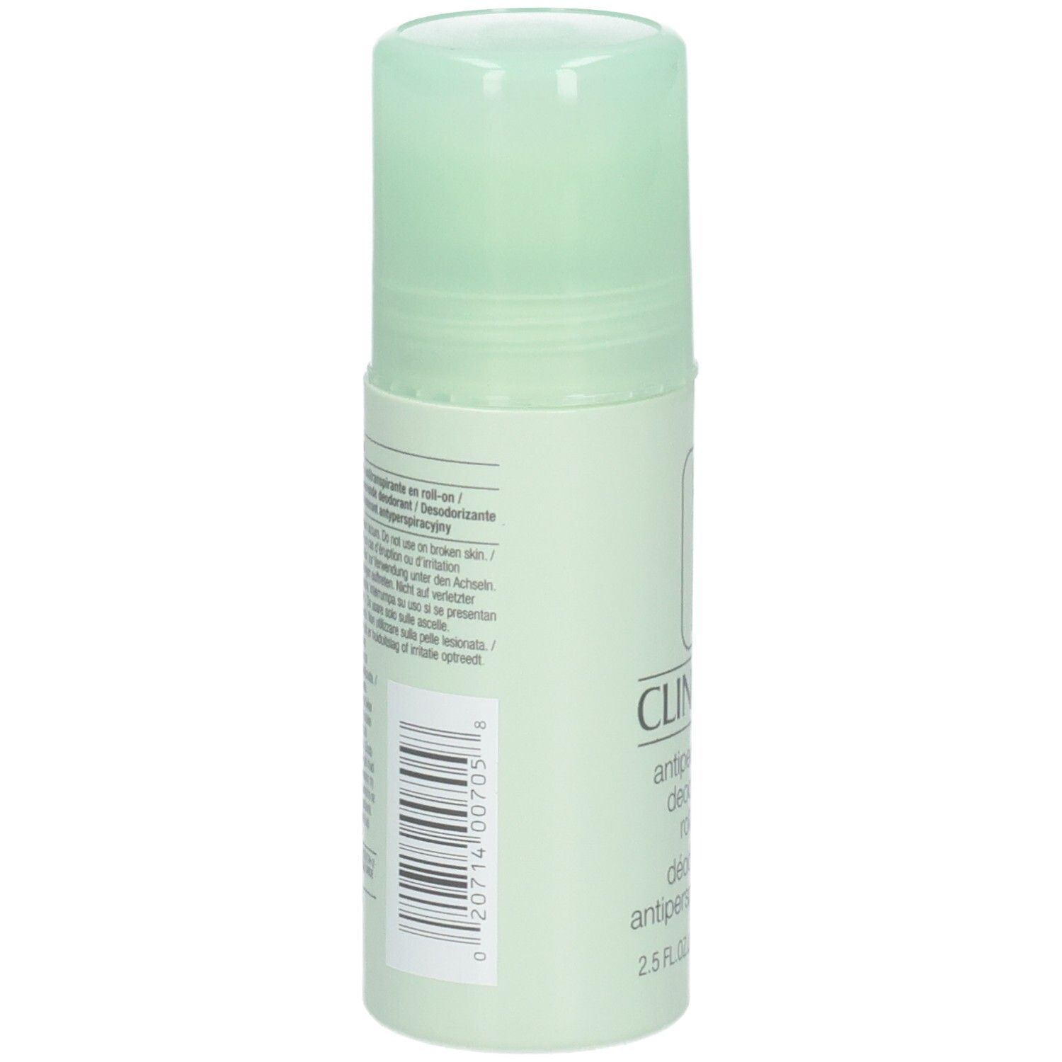 Clinique Antiperspirant Deodorant Roll-On, dos avec code-barres et ingrédients.