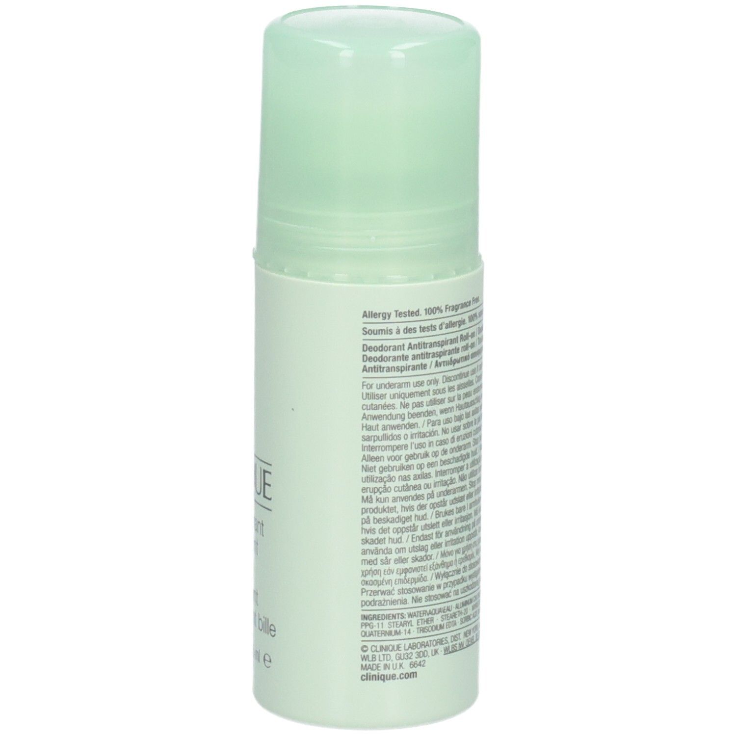 Clinique Antiperspirant Deodorant Roll-On, dos avec informations sur les tests d'allergie.