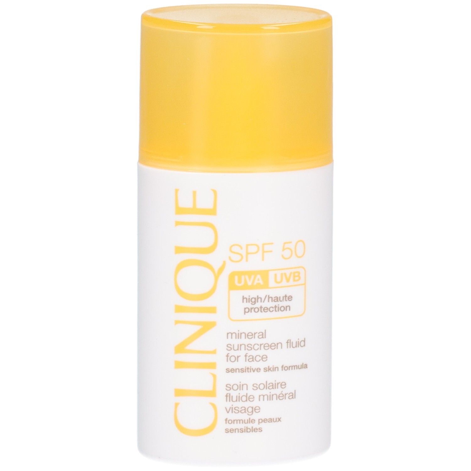 Flacon blanc et jaune avec SPF 50. Texte: CLINIQUE, mineral sunscreen fluid for face, SPF 50. Bouchon jaune.