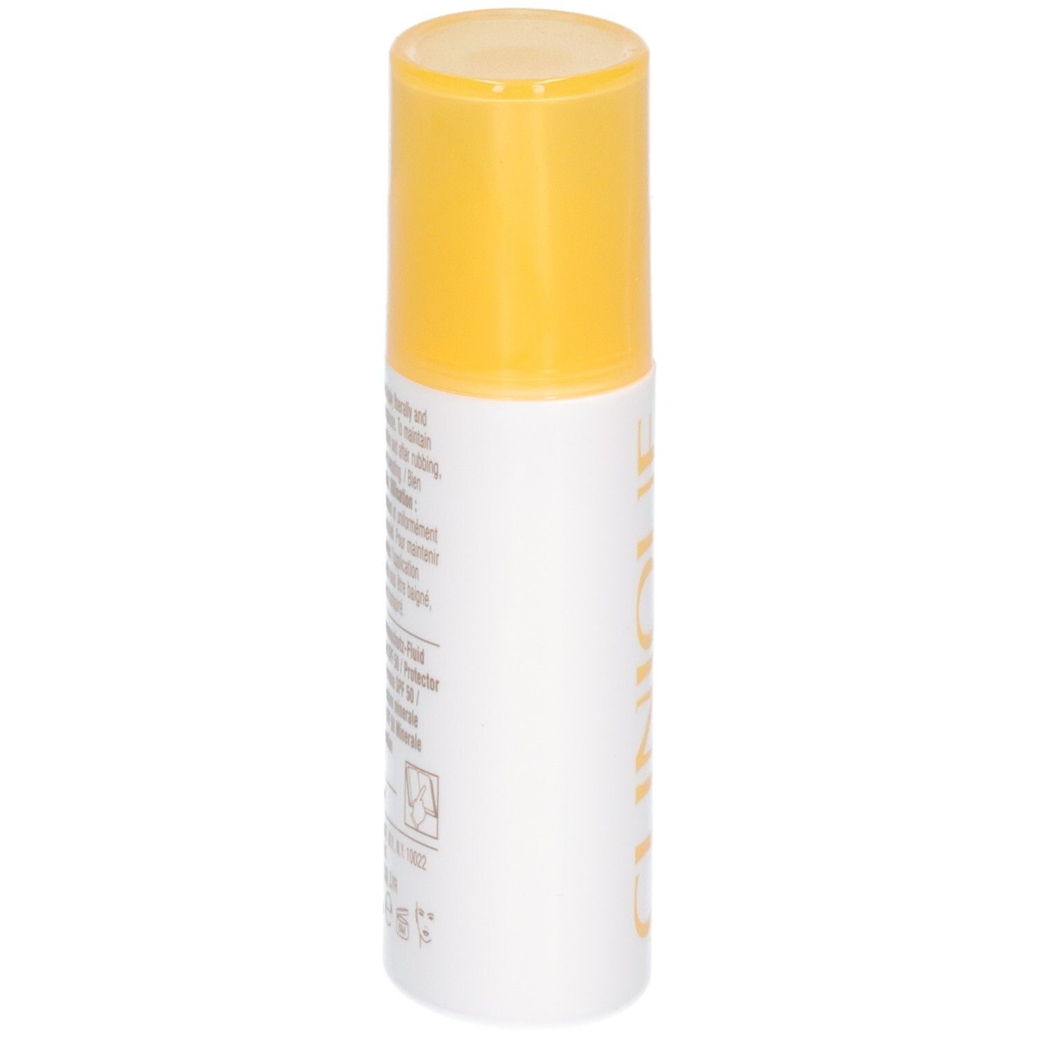 Flacon blanc et jaune avec texte. Texte: CLINIQUE, mineral sunscreen fluid for face, SPF 50. Bouchon jaune.
