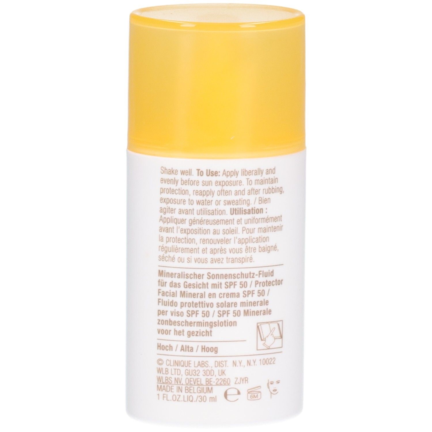 Flacon blanc et jaune avec texte. Texte: CLINIQUE, mineral sunscreen fluid for face, SPF 50. Bouchon jaune.