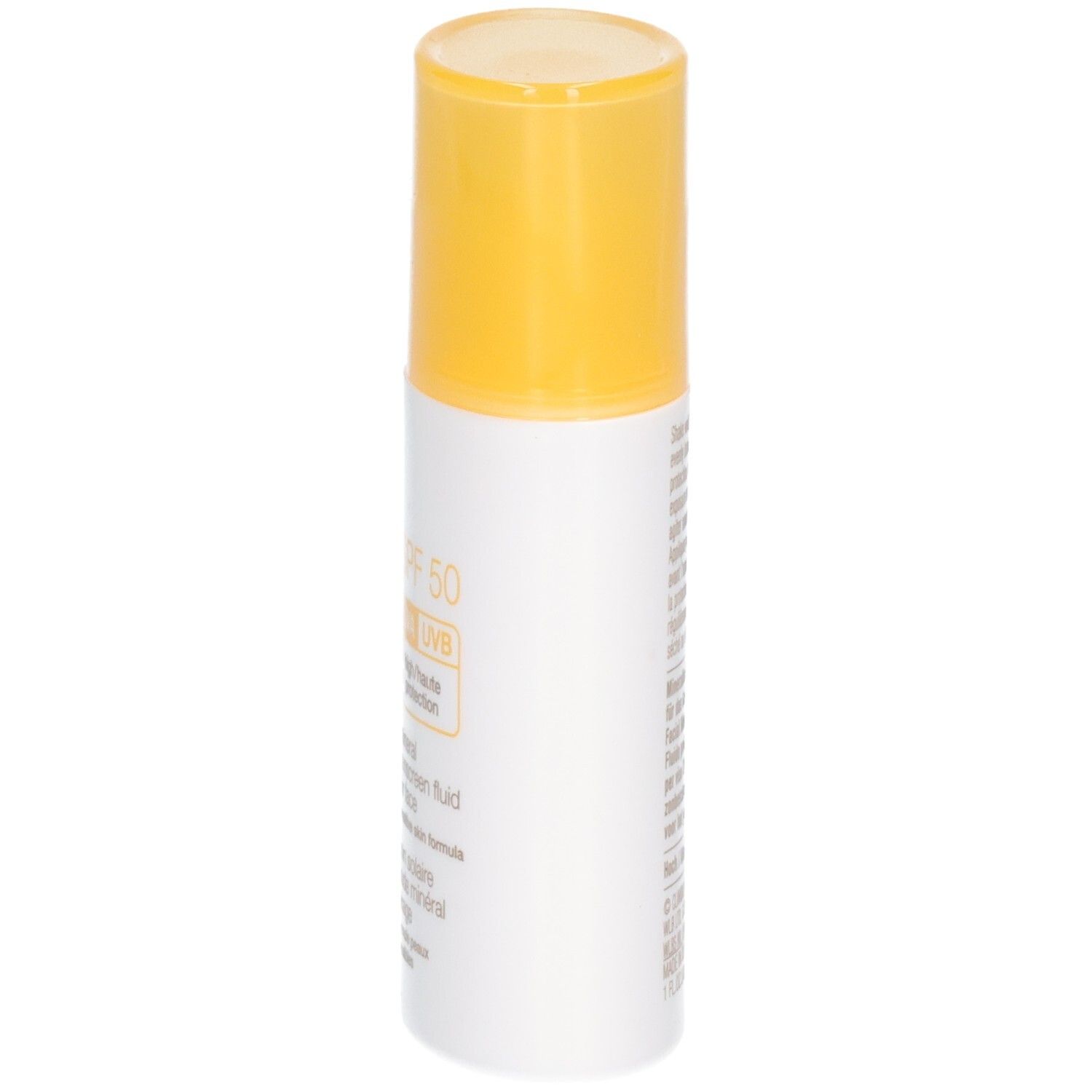 Flacon blanc et jaune avec texte. Texte: CLINIQUE, mineral sunscreen fluid for face, SPF 50. Bouchon jaune.