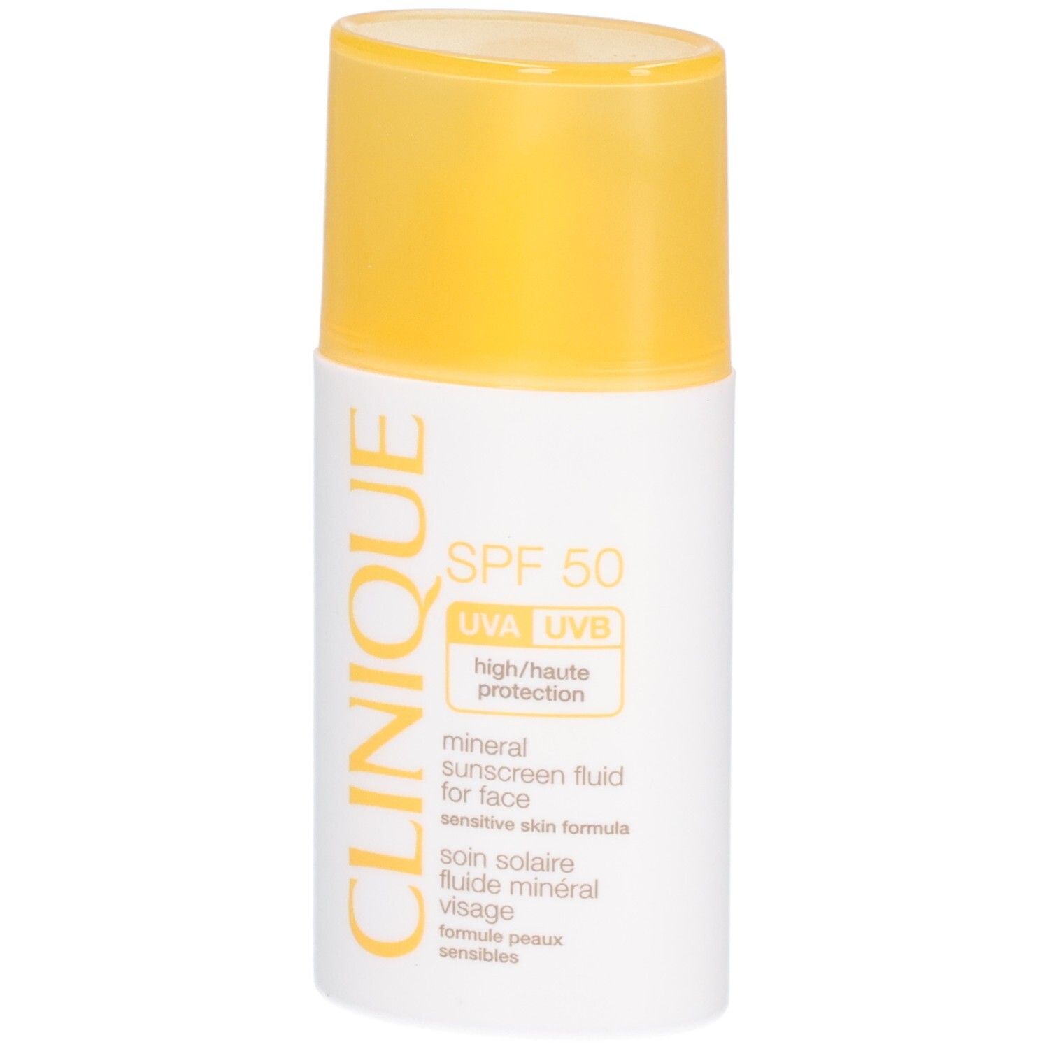 Flacon blanc et jaune avec SPF 50. Texte: CLINIQUE, mineral sunscreen fluid for face, SPF 50. Bouchon jaune.
