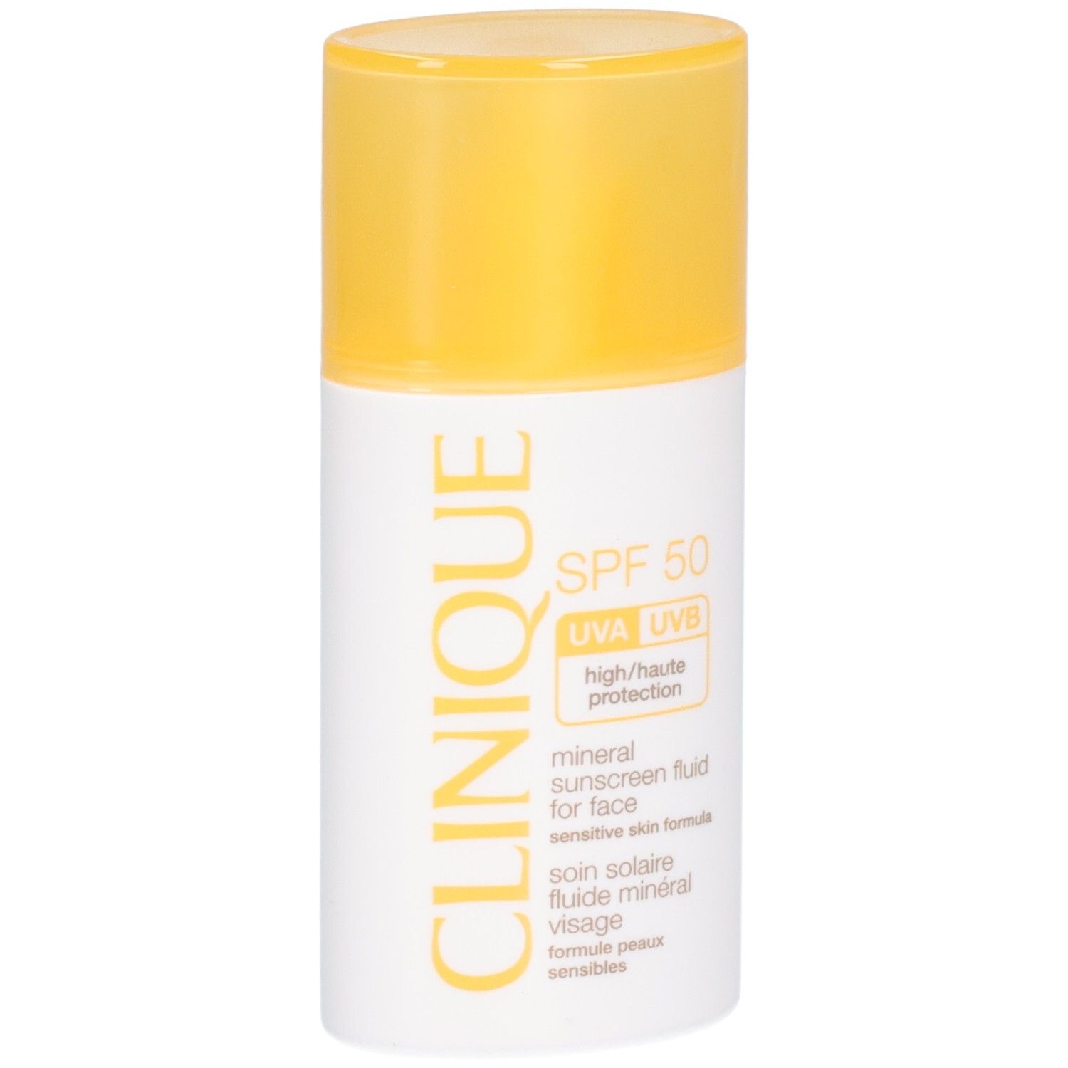 Flacon blanc et jaune avec SPF 50. Texte: CLINIQUE, mineral sunscreen fluid for face, SPF 50. Bouchon jaune.
