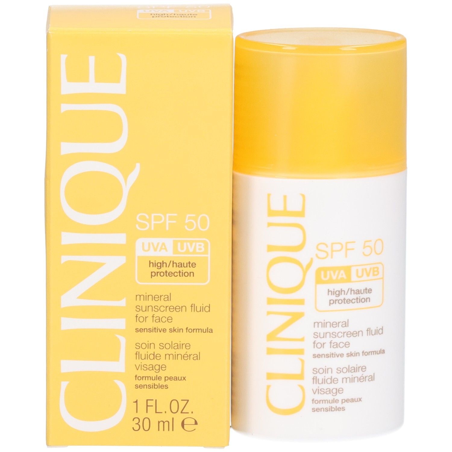 Flacon et boîte blancs et jaunes. Texte: CLINIQUE, mineral sunscreen fluid for face, SPF 50. Bouchon jaune.