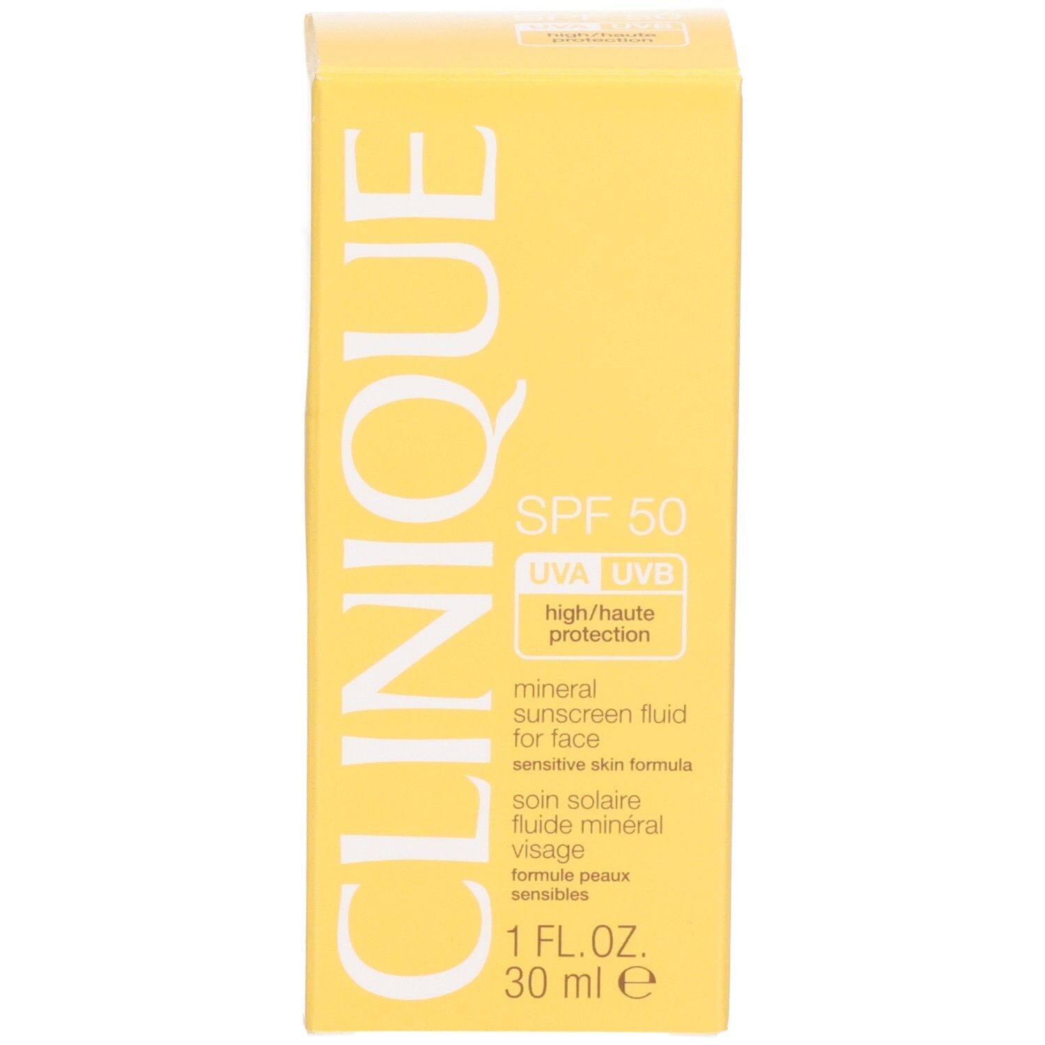 Boîte jaune avec texte. Texte: CLINIQUE, mineral sunscreen fluid for face, SPF 50. 30 ml.