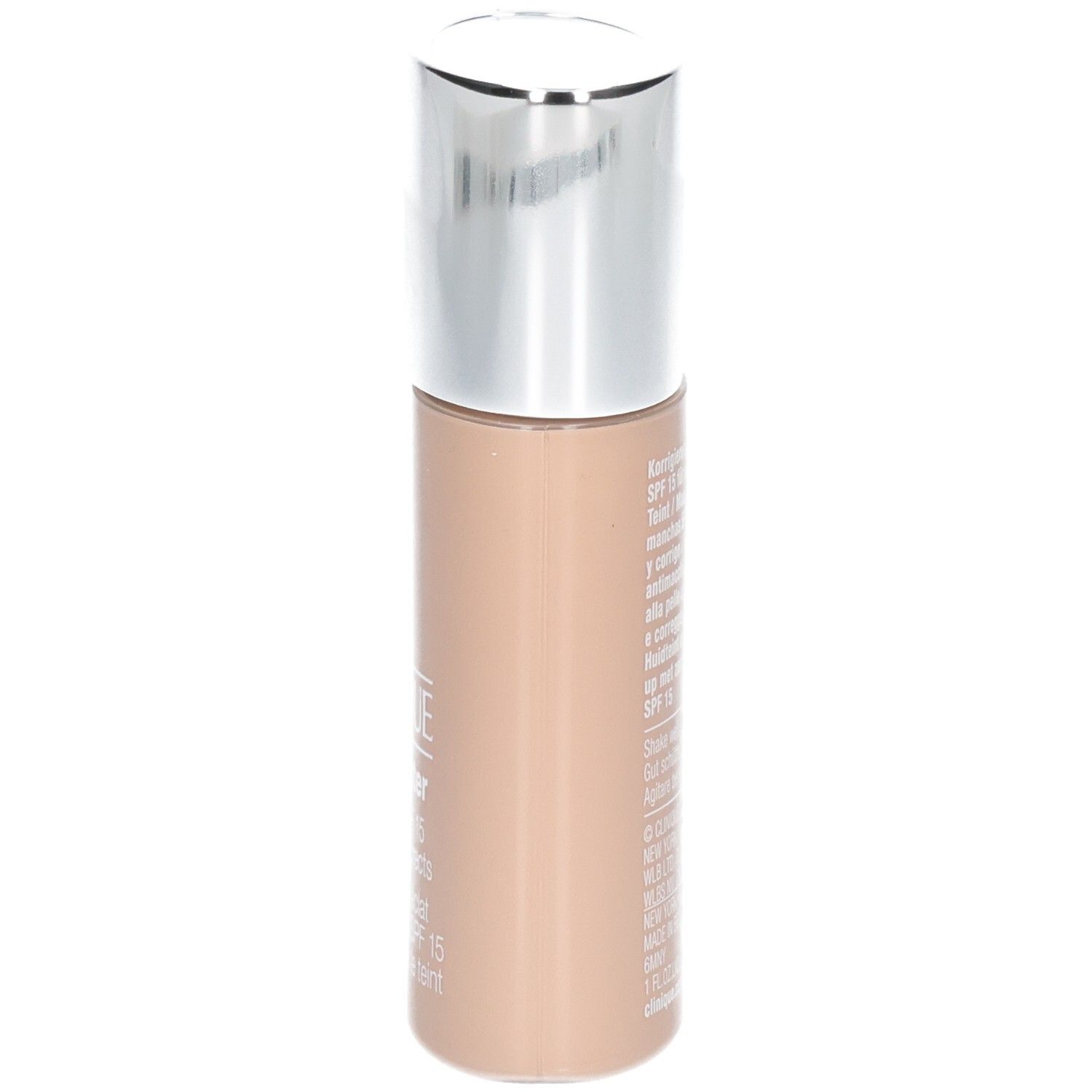 Clinique Even Better Makeup SPF 15, Ivory. Vue latérale du flacon avec bouchon argenté.