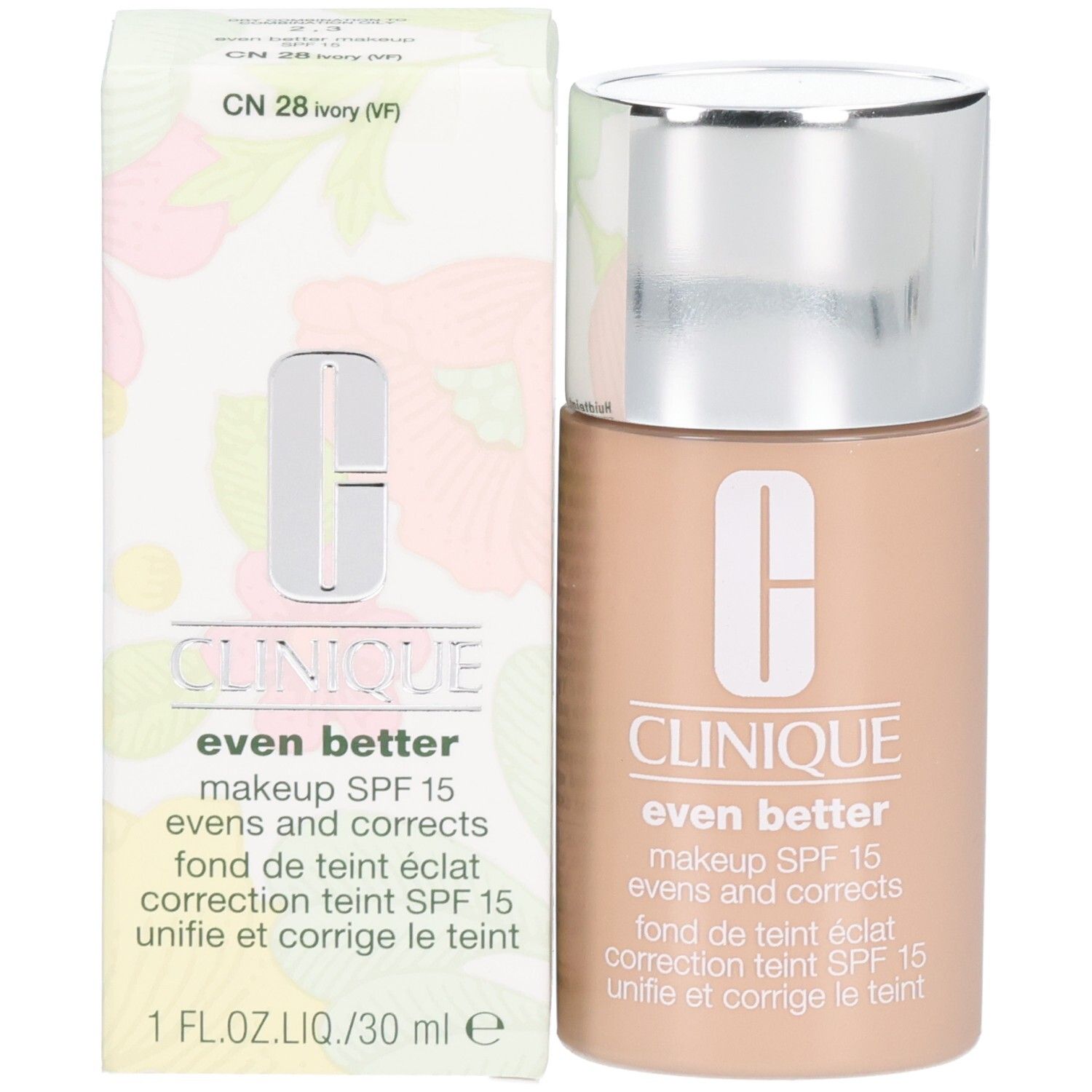 Clinique Even Better Makeup SPF 15, Ivory. Flacon et boîte avec bouchon argenté.