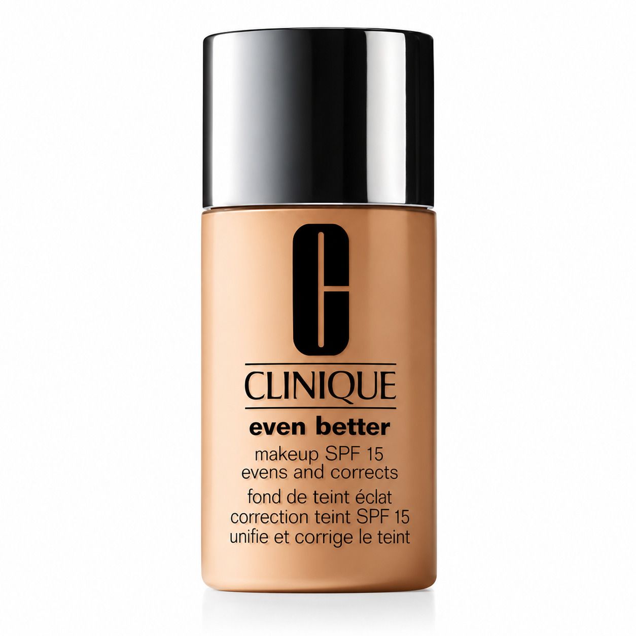 Clinique Even Better Makeup SPF 15, flacon à bouchon argenté, teinte peau claire.