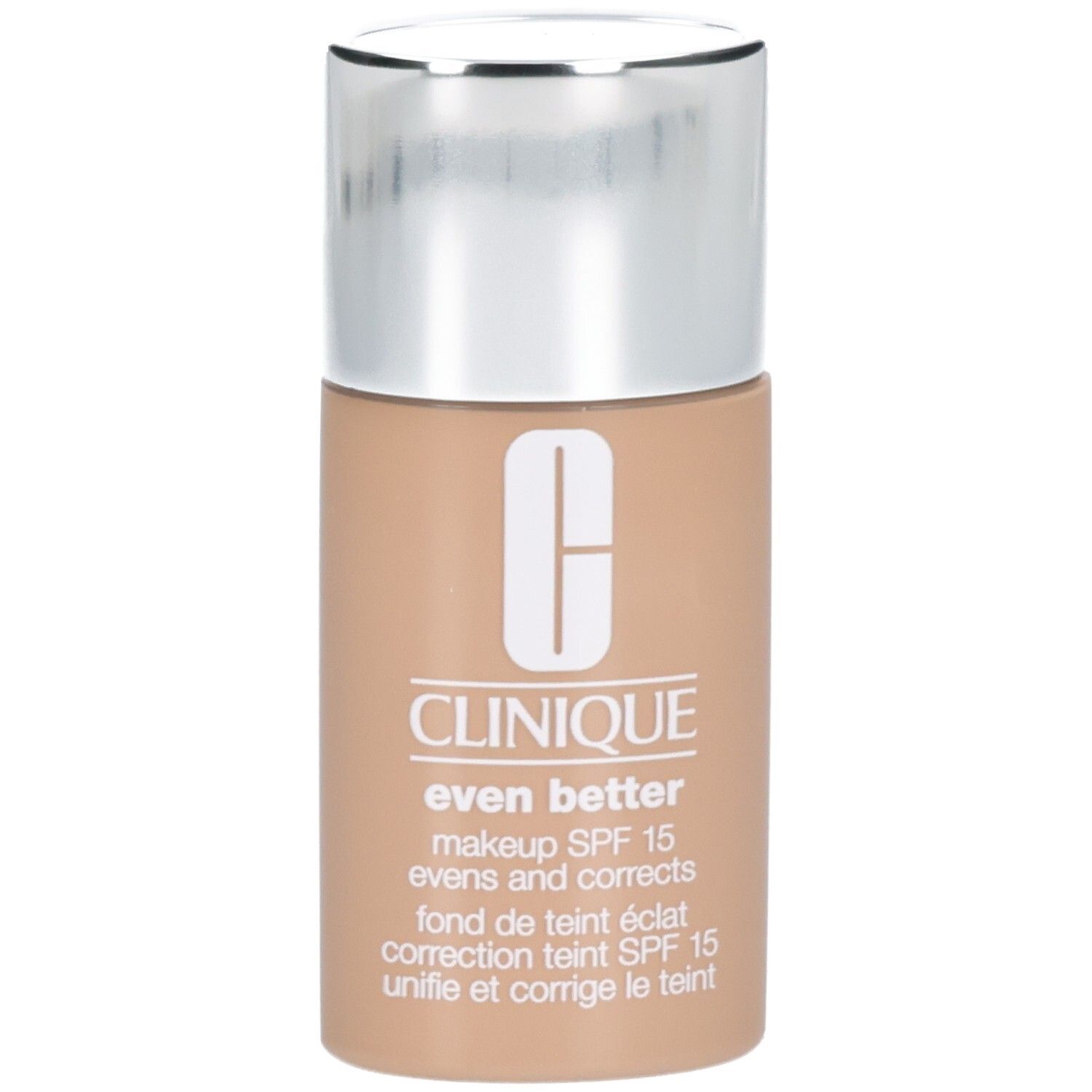 Clinique Even Better Makeup SPF 15, flacon à bouchon argenté, teinte peau claire.