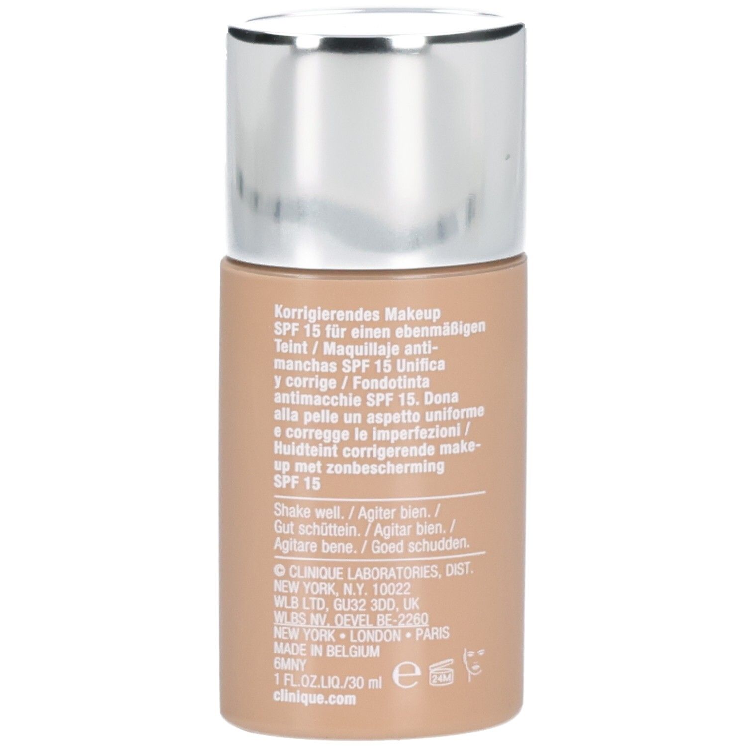 Clinique Even Better Makeup SPF 15, arrière du flacon avec instructions et ingrédients.