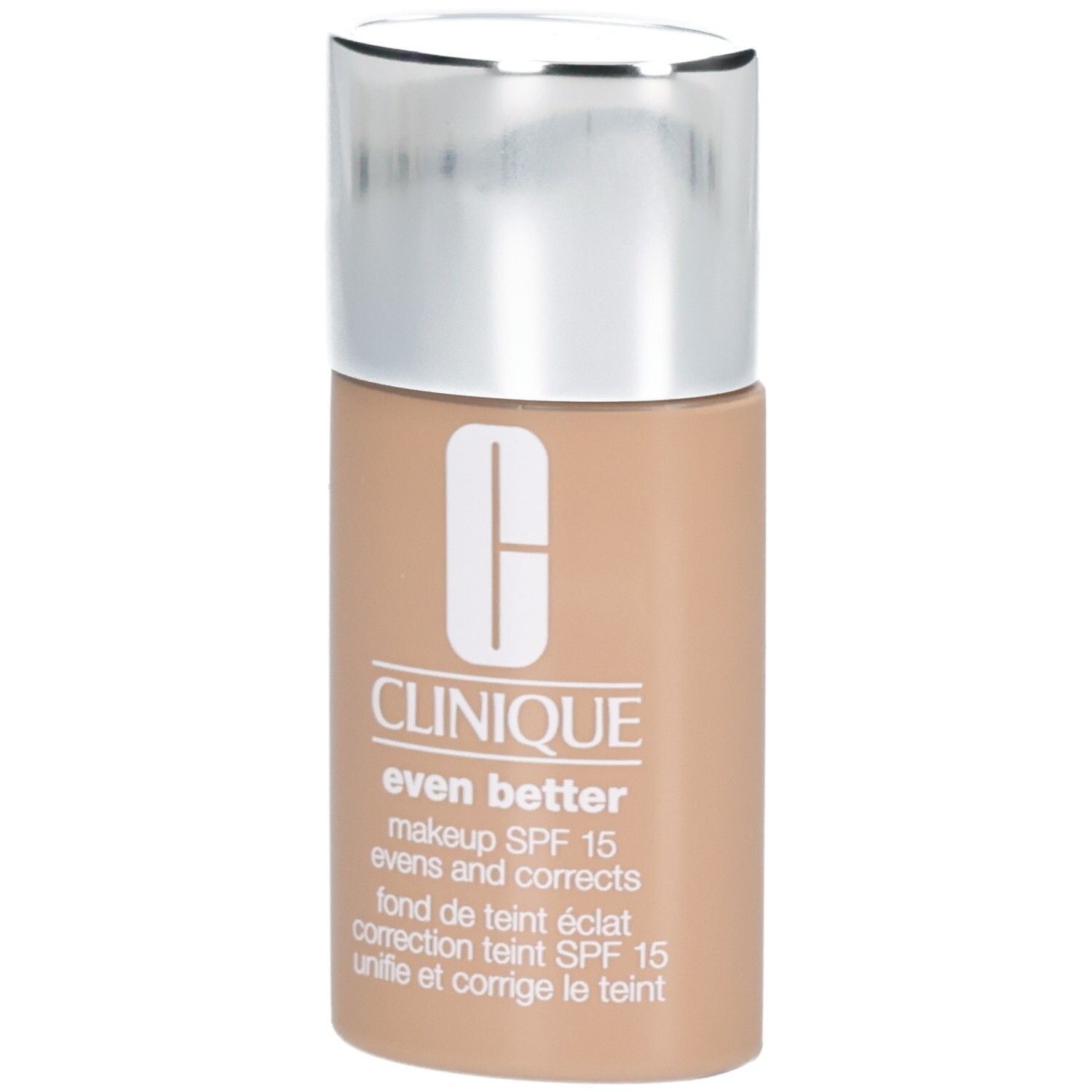 Clinique Even Better Makeup SPF 15, flacon à bouchon argenté, teinte peau claire.
