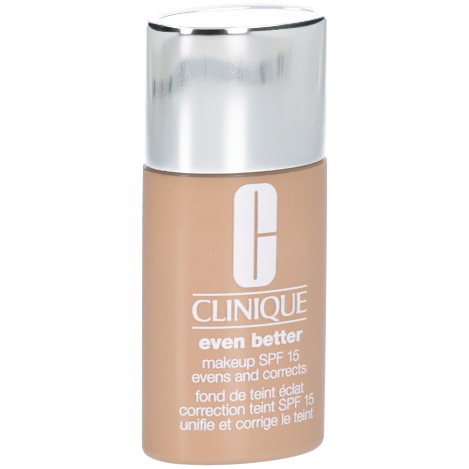 Clinique Even Better Makeup SPF 15, flacon à bouchon argenté, teinte peau claire.