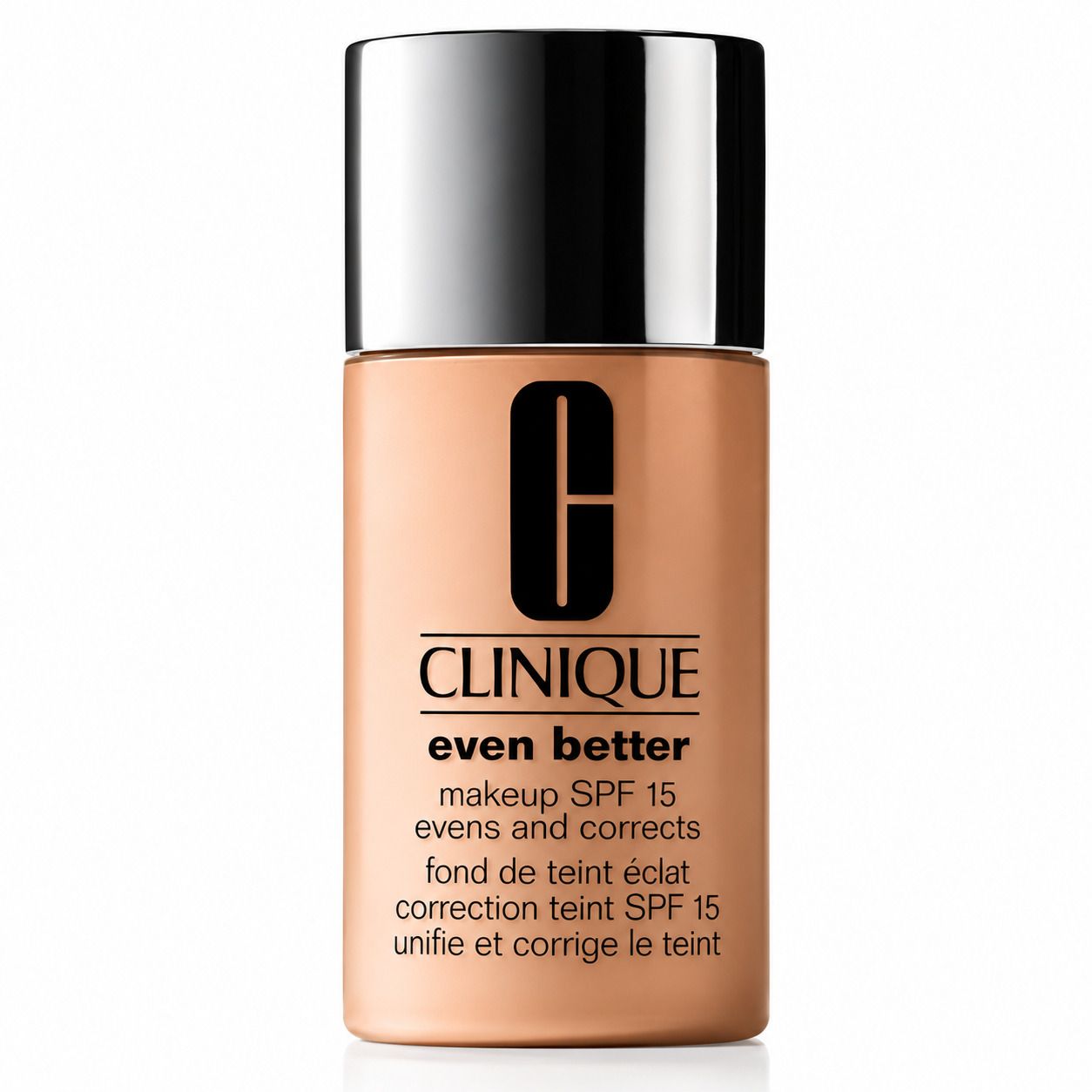 Clinique Even Better Makeup SPF 15, couleur Sable. Flacon avec bouchon argenté.
